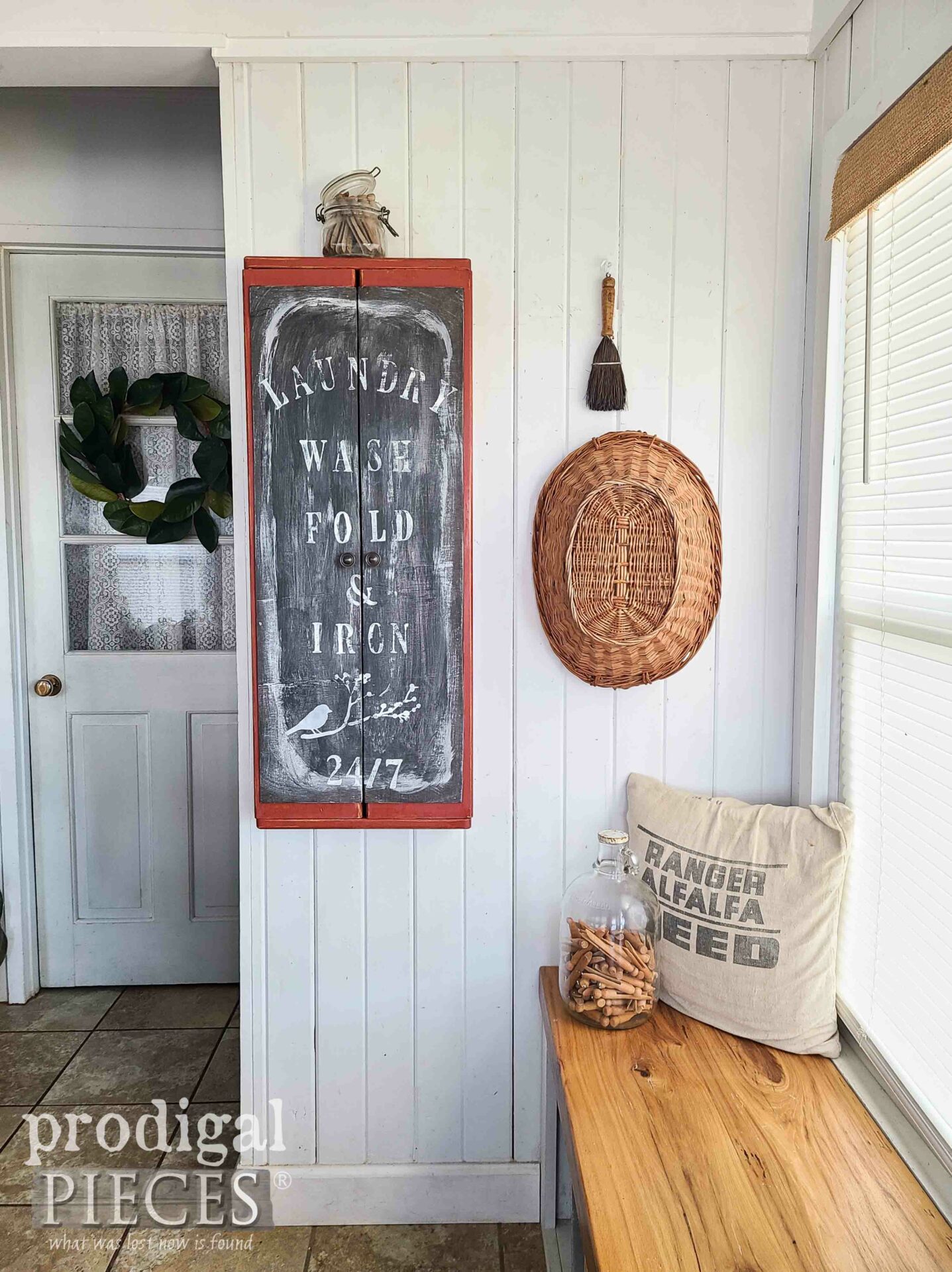 Rustic Farmhouse Wall Mounted Ironing Board Cabinet by Larissa of Prodigal Pieces | prodigalpieces.com #prodigalpieces #farmhouse #laundry