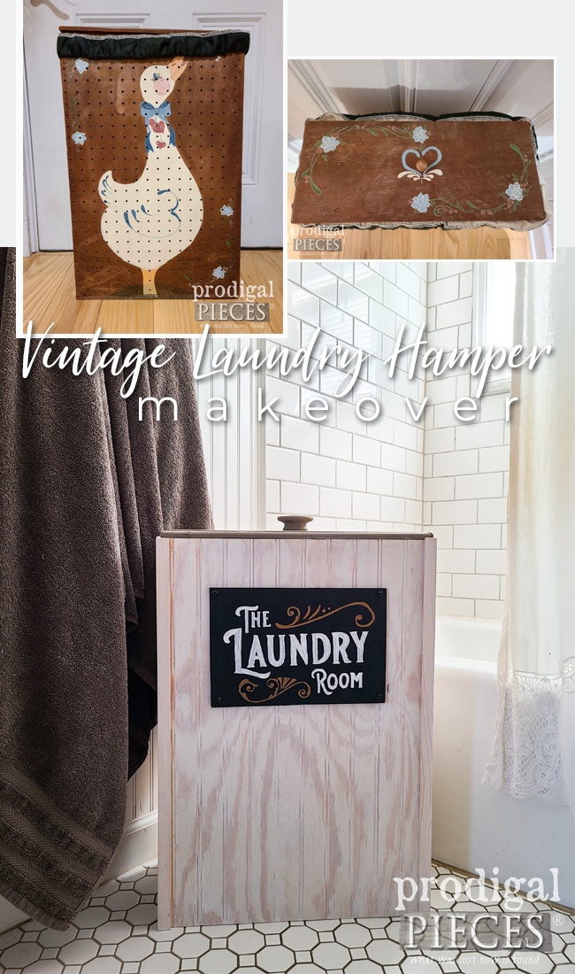 Turn those dated pieces into farmhouse decor. A laundry hamper gets the makeover of a lifetime by Larissa of Prodigal Pieces | prodigalpieces.com #prodigalpieces #diy #farmhouse