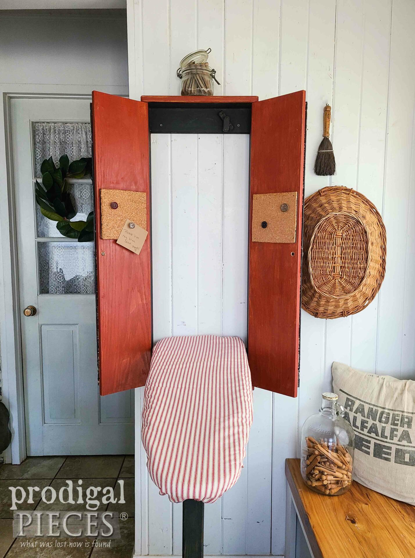 Handmade Red Ticking Ironing Board Fold-Out Style by Larissa of Prodigal Pieces | prodigalpieces.com #prodigalpieces #farmhouse