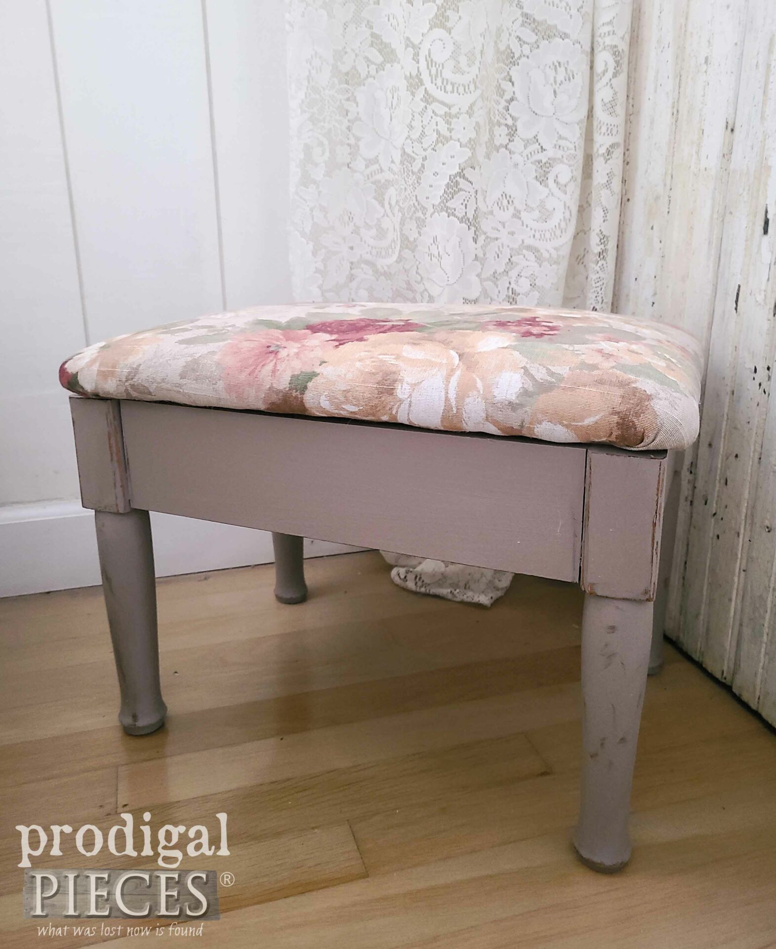 DIY Rose Upholstered Footstool by Larissa of Prodigal Pieces | prodigalpieces.com #prodigalpieces #vintage #furniture