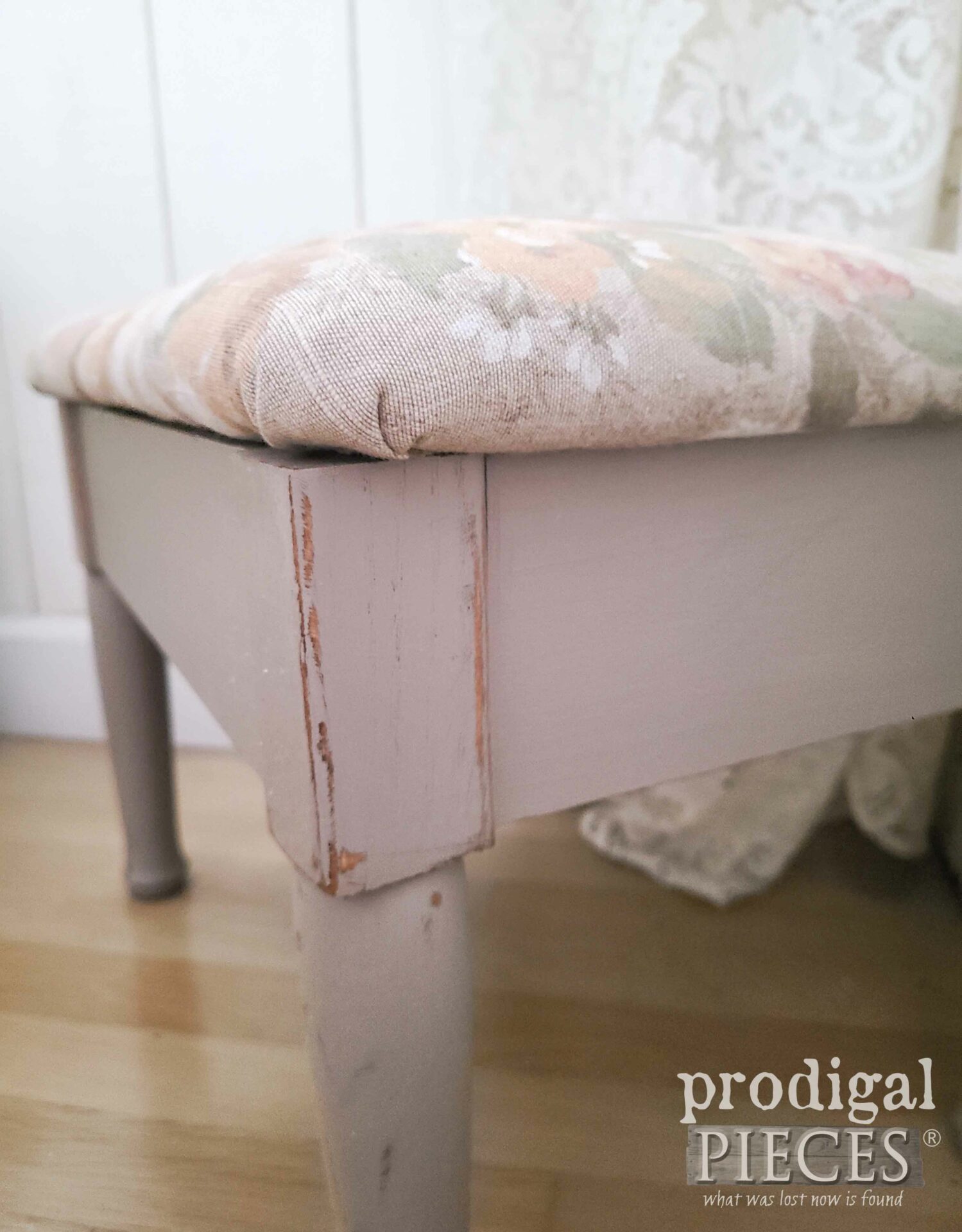 Distressed Painted Footstool Corner by Larissa of Prodigal Pieces | prodigalpieces.com #prodigalpieces #diy #homedecor #furniture