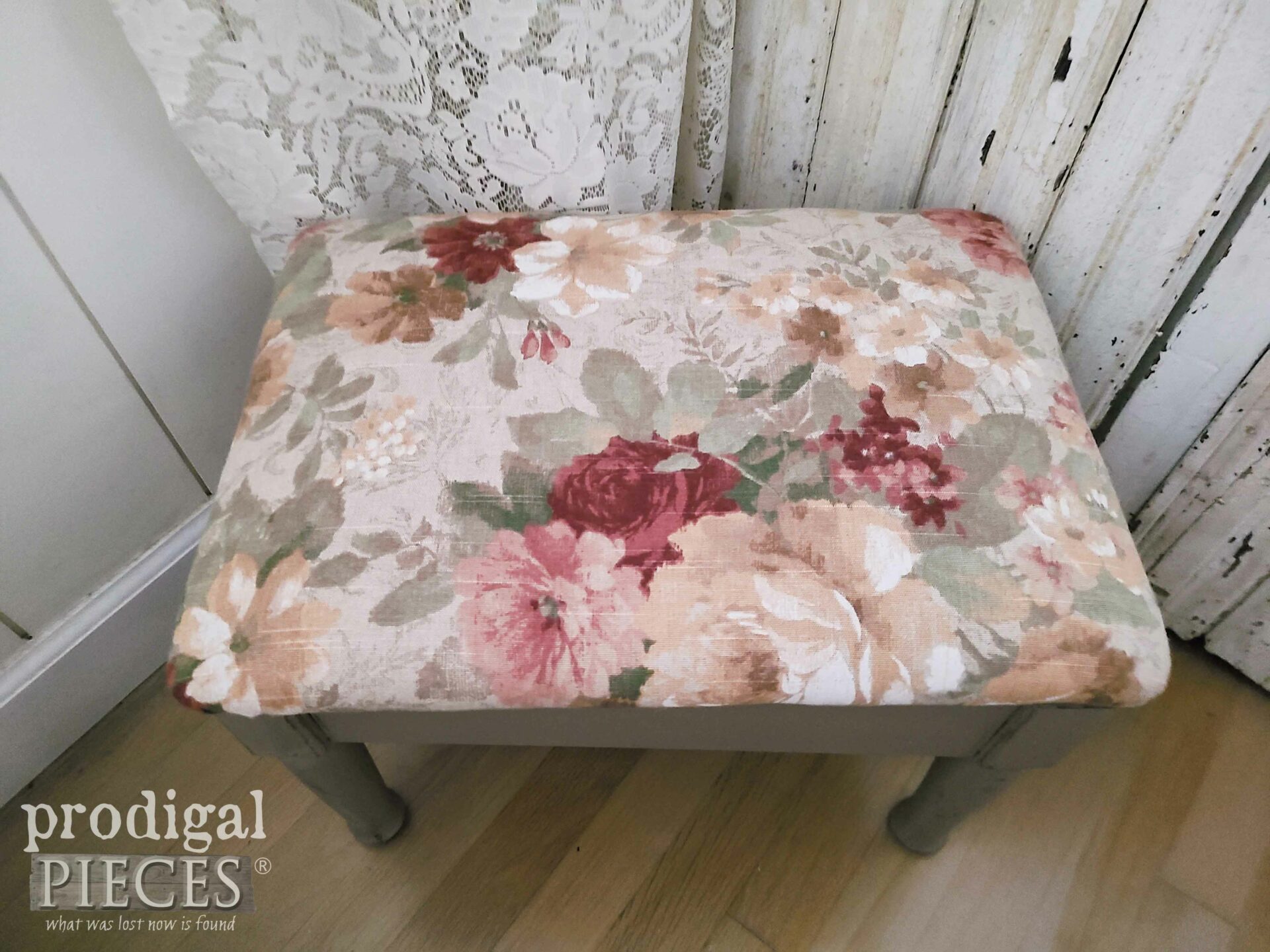 Vintage Rose Upholstery on Footstool by Larissa of Prodigal Pieces | prodigalpieces.com #prodigalpieces #roses #vintage