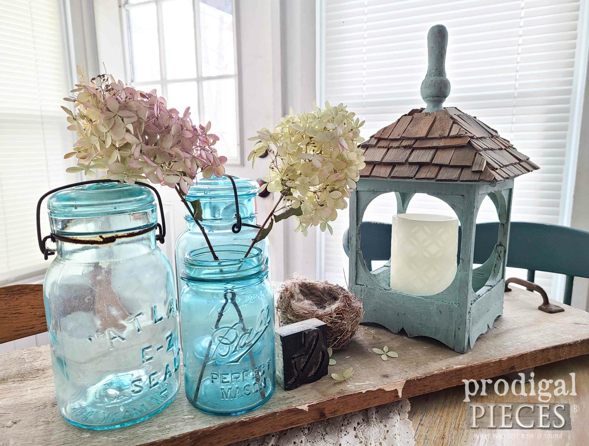 Blue Ball Jars with Cottage Lantern by Larissa of Prodigal Pieces | prodigalpieces.com #prodigalpieces #cottage #diy #upcycled