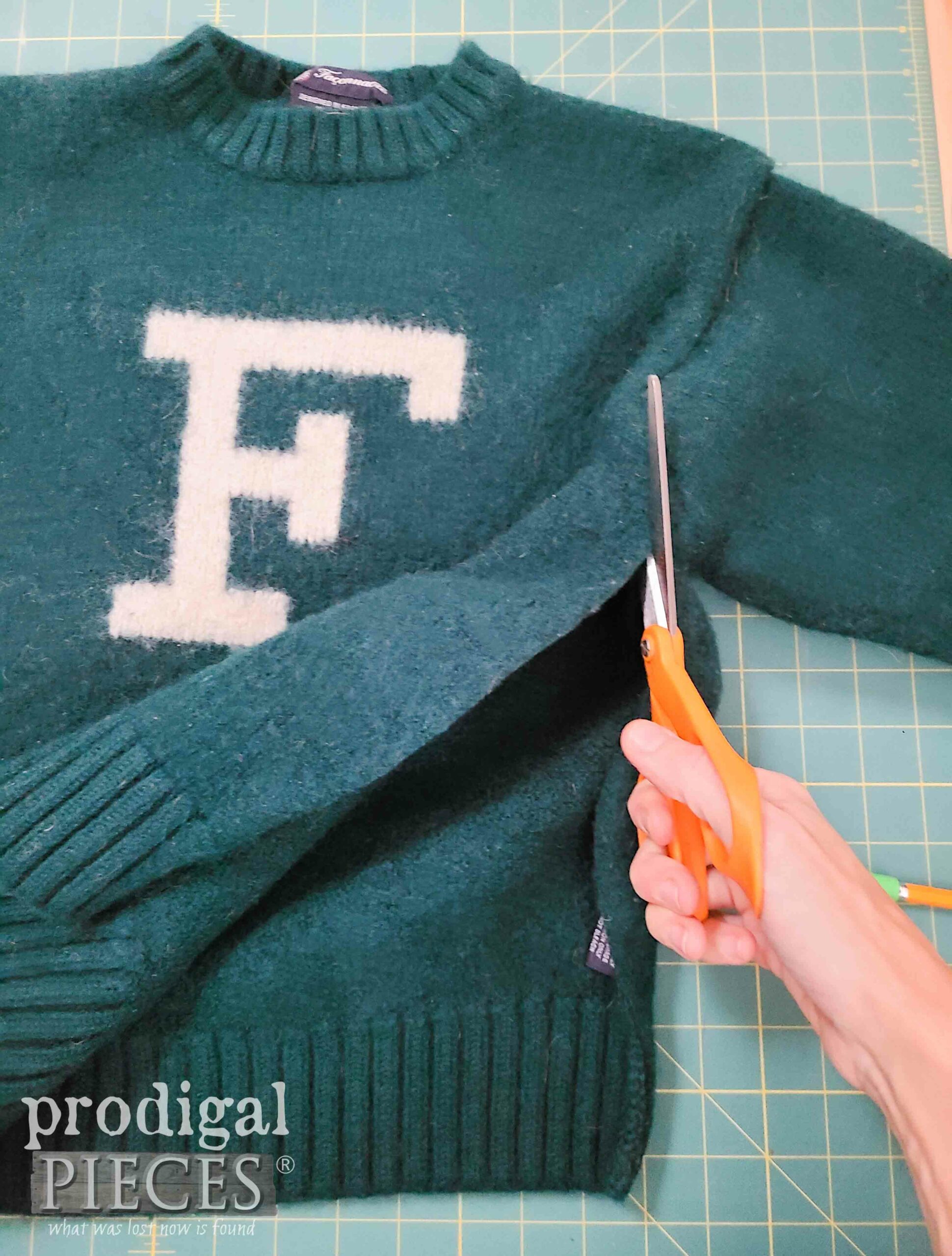 Cutting Felted Wool Sweater for Hot Water Bottle Cover | prodigalpieces.com #prodigalpieces