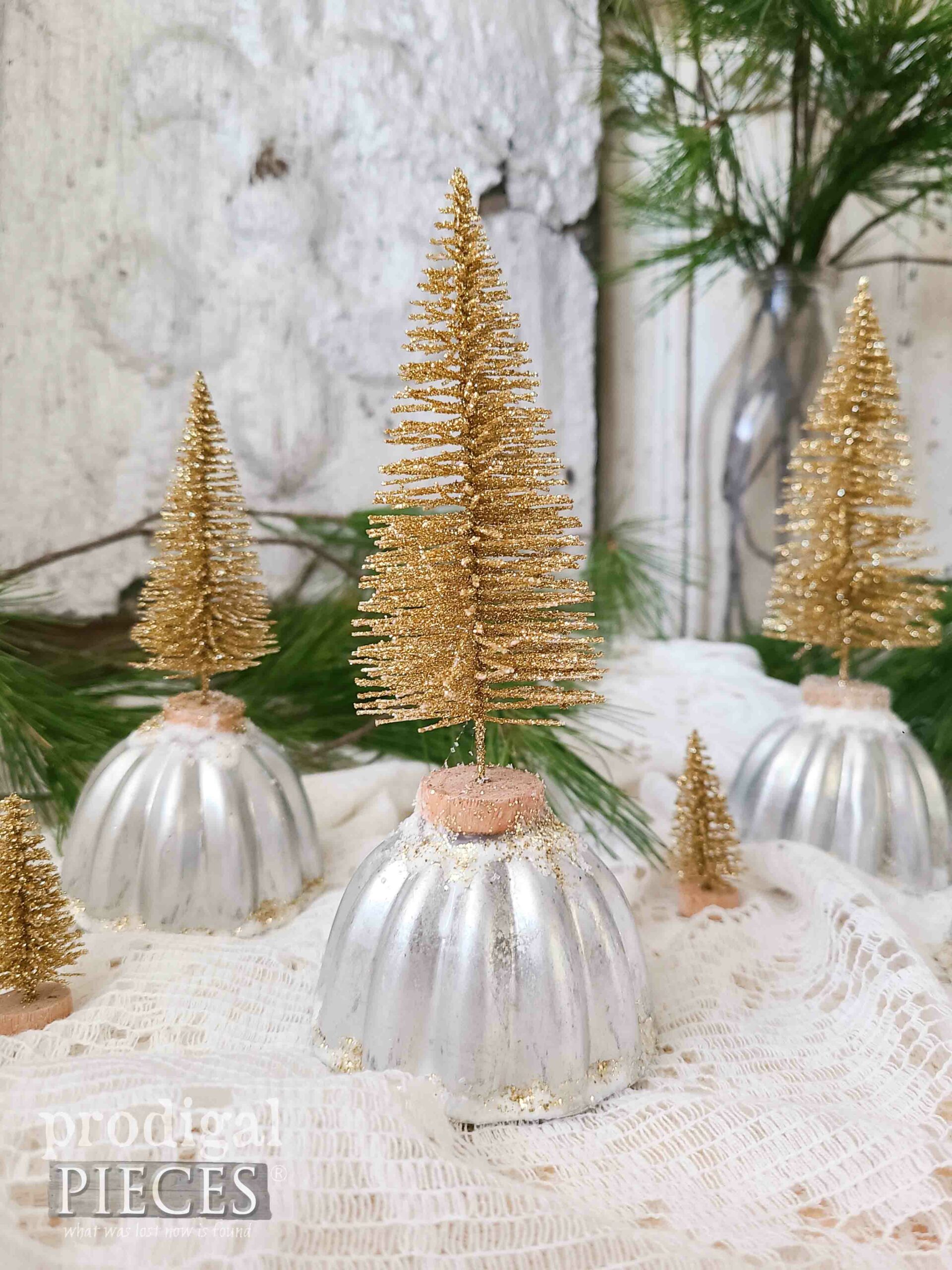 Glittery Gold Bottle Brush Tree on Vintage Jello Molds for Repurposed Christmas Ornaments by Larissa of Prodigal Pieces | prodigalpieces.com #prodigalpieces #farmhouse #Christmas