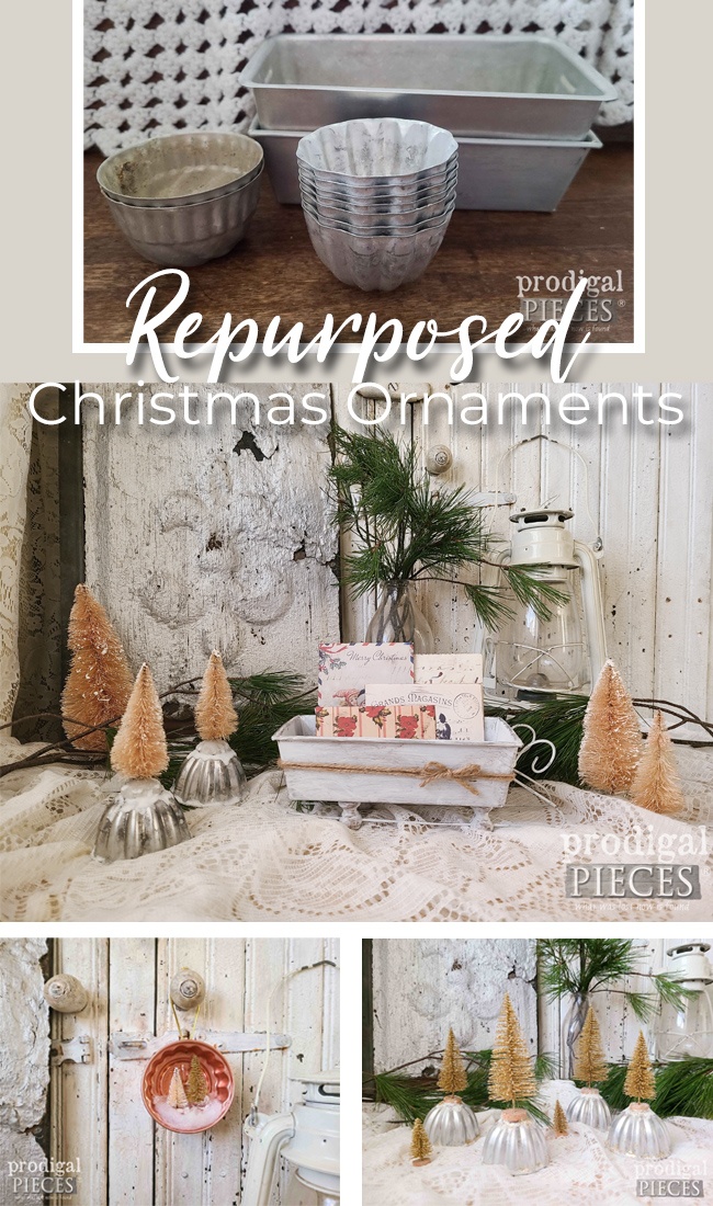 Skip the box store and create your own repurposed Christmas ornaments from vintage bread pans and jello molds by Larissa of Prodigal Pieces | prodigalpieces.com #prodigalpieces #crafts #Christmas #farmhouse