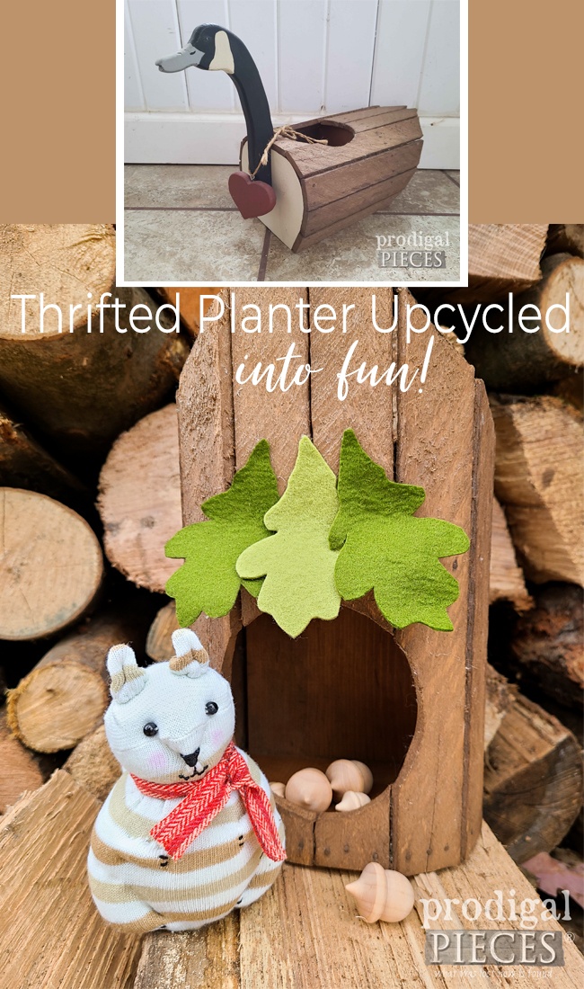 Who knew a funky goose thrifted planter would turn into and adorable sock squirrel and treehouse playset. Created by Larissa of Prodigal Pieces | prodigalpieces.com #prodigalpieces #upcycled #crafts #toys
