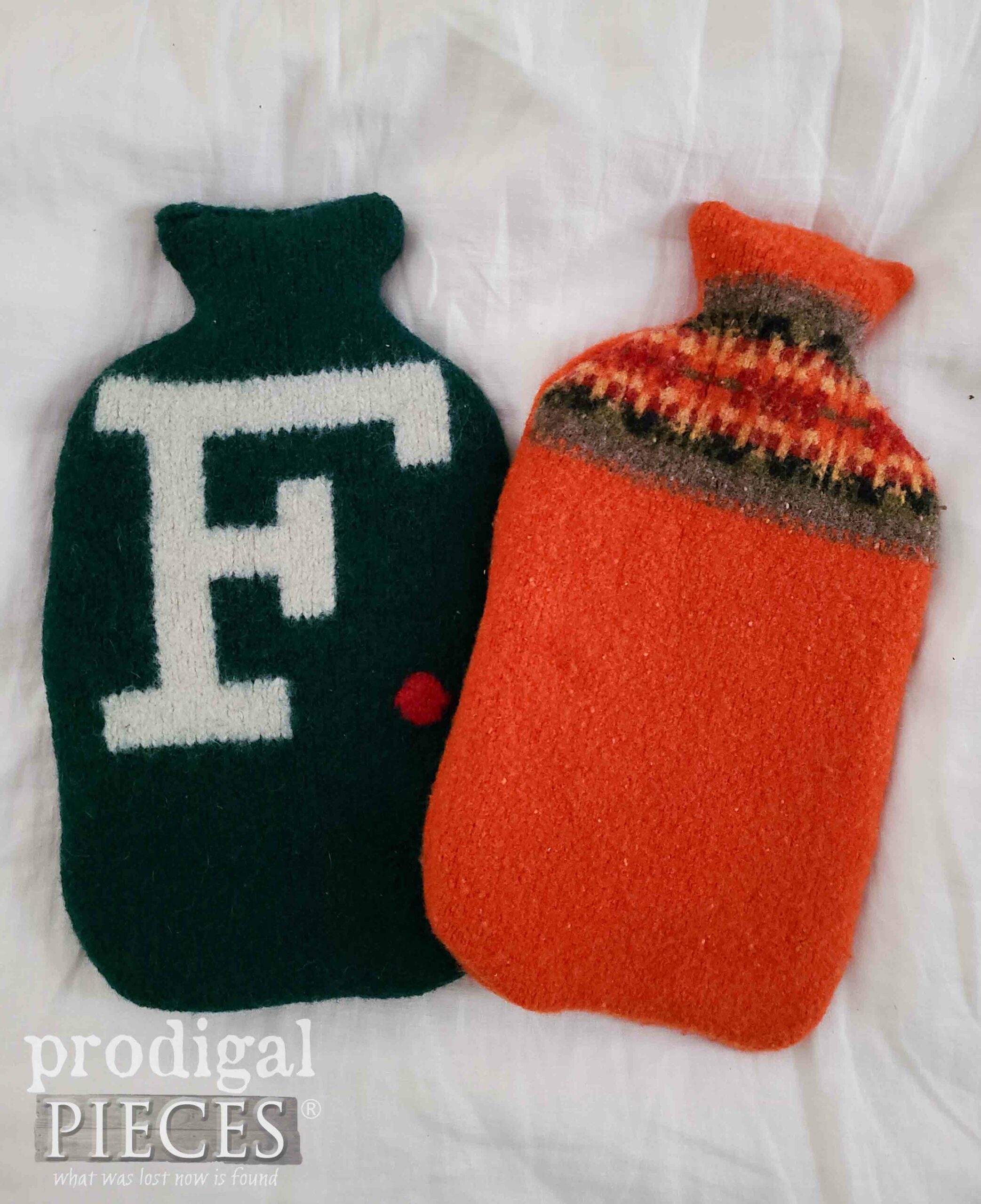 Two DIY Hot Water Bottle Covers from Felted Sweaters by Larissa of Prodigal Pieces | prodigalpieces.com #prodigalpieces #felted #selfcare #giftidea #upcycled
