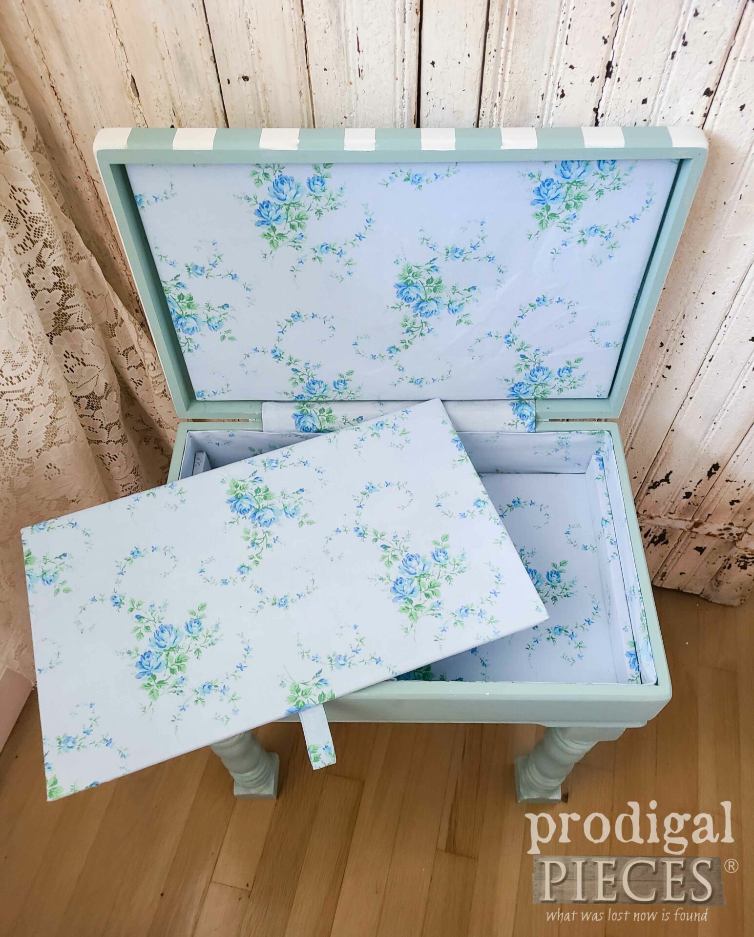 Blue Rose Floral Lined Storage Side Table | prodigalpieces.com #prodigalpieces #roses #shabbychic #french