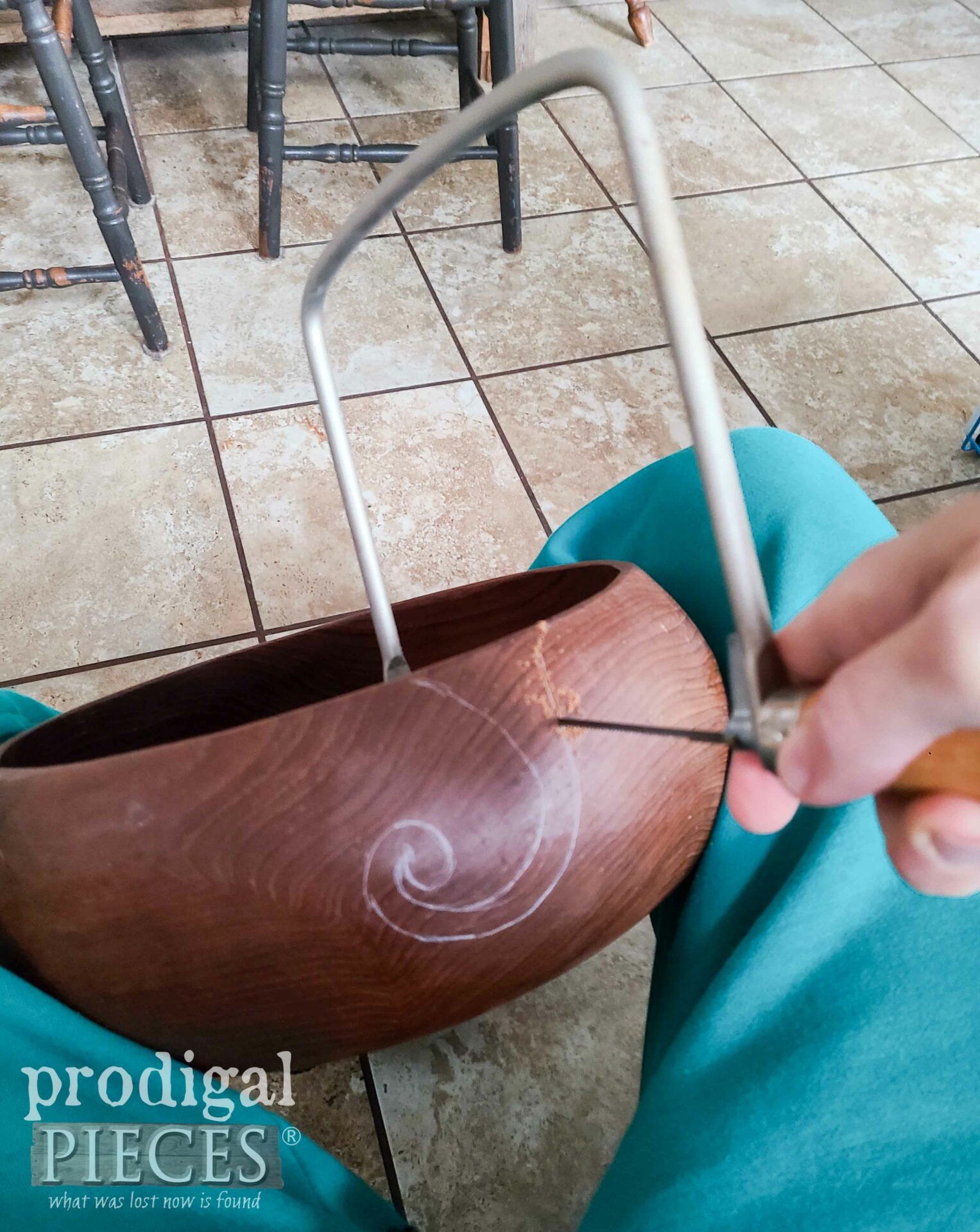 Coping Saw Cutting Upcycled Salad Bowls into Yarn Bowl | prodigalpieces.com #prodigalpieces
