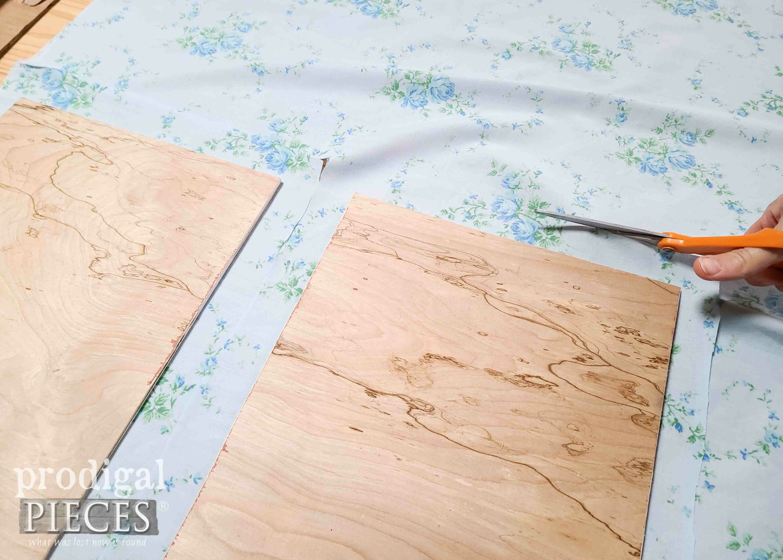 Cutting Vintage Blue Floral Fabric for DIY Reclaimed Silverware Chest Table | prodigalpieces.com #prodiaglpieces