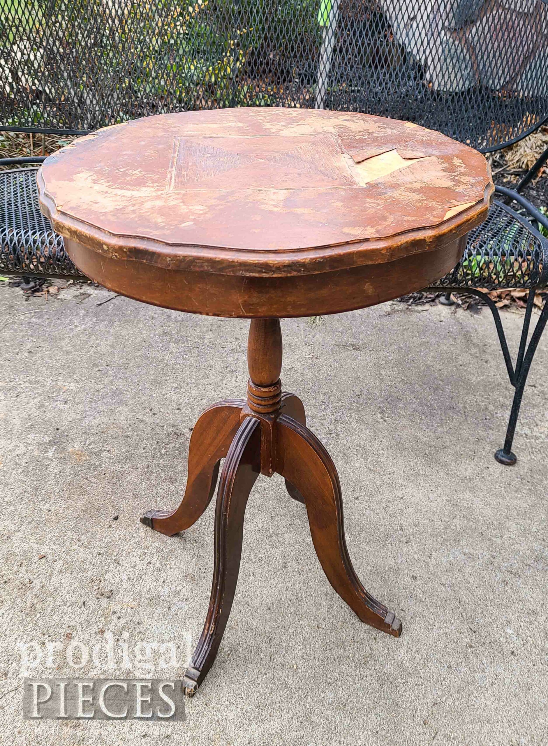 Damaged Side Table Before Makeover by Larissa of Prodigal Pieces | prodigalpieces.com #prodigalpieces