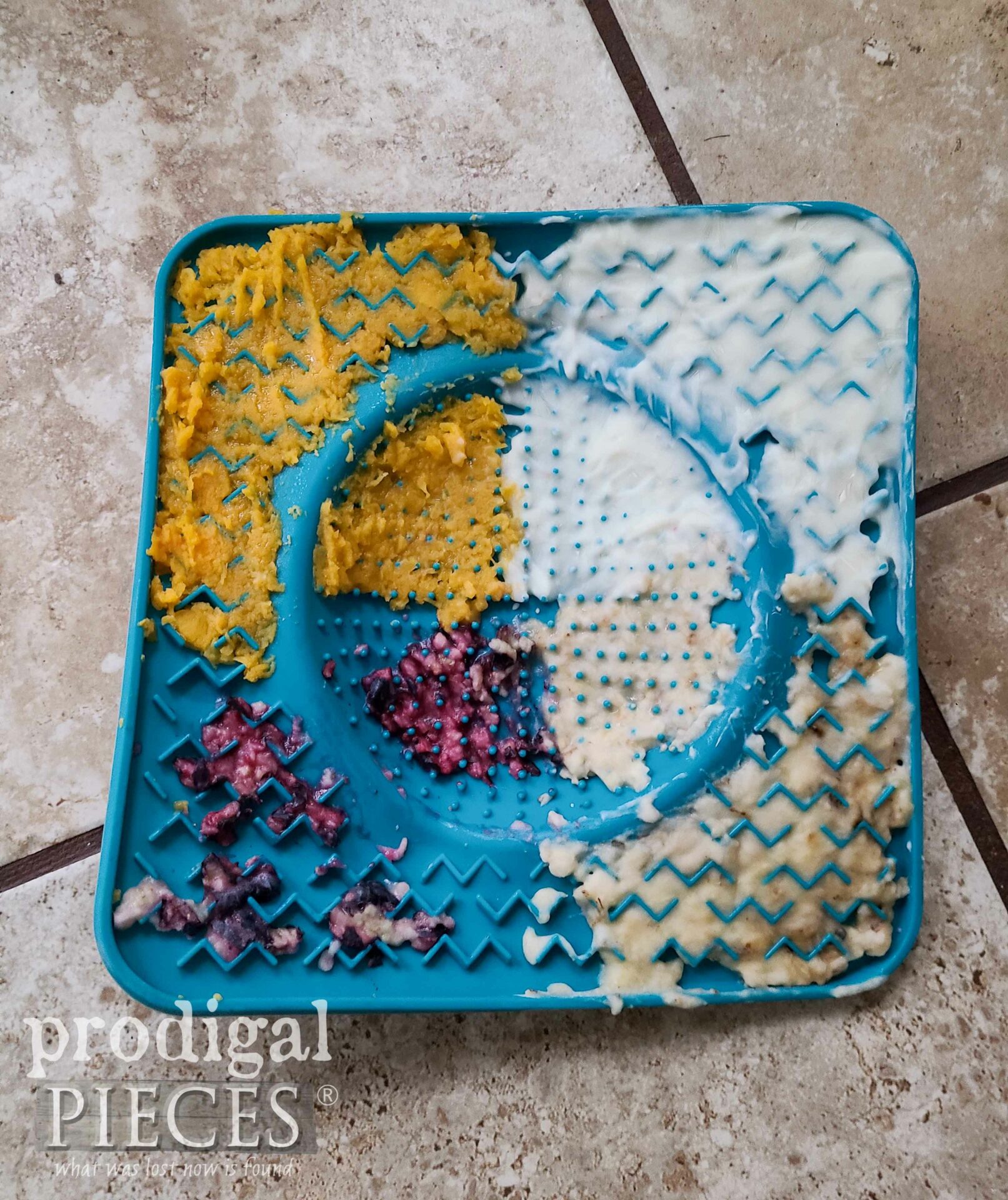 Filled Dog Lick Pad with Food | prodigalpieces.com #prodigalpieces