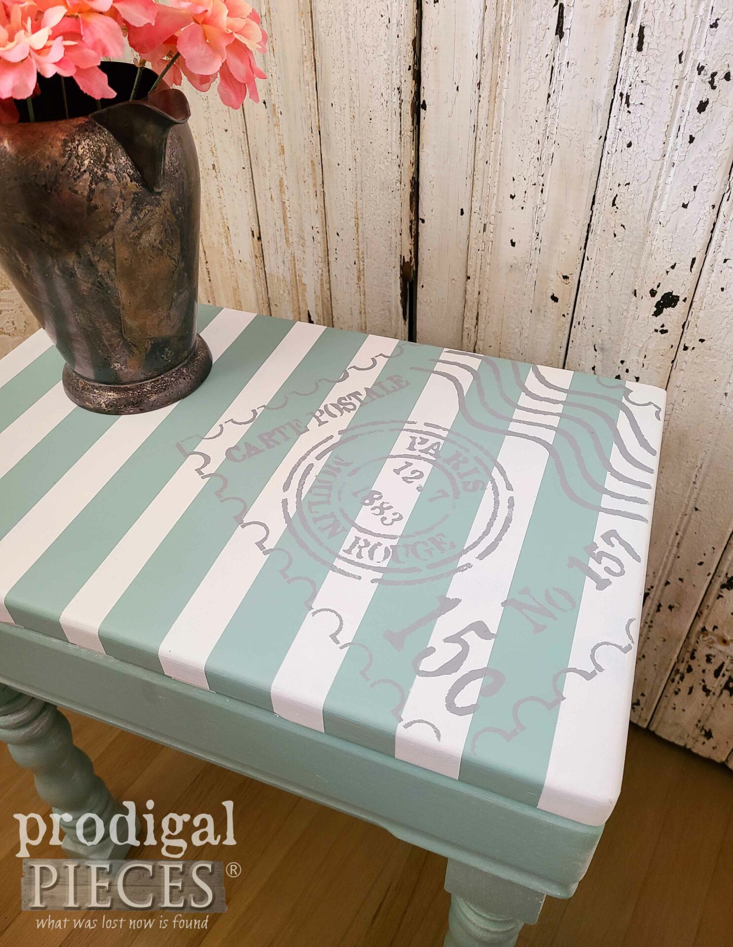 DIY French Postage Stamp Stencil for Side Table | prodigalpieces.com #prodigalpieces #french #treschic #furniture