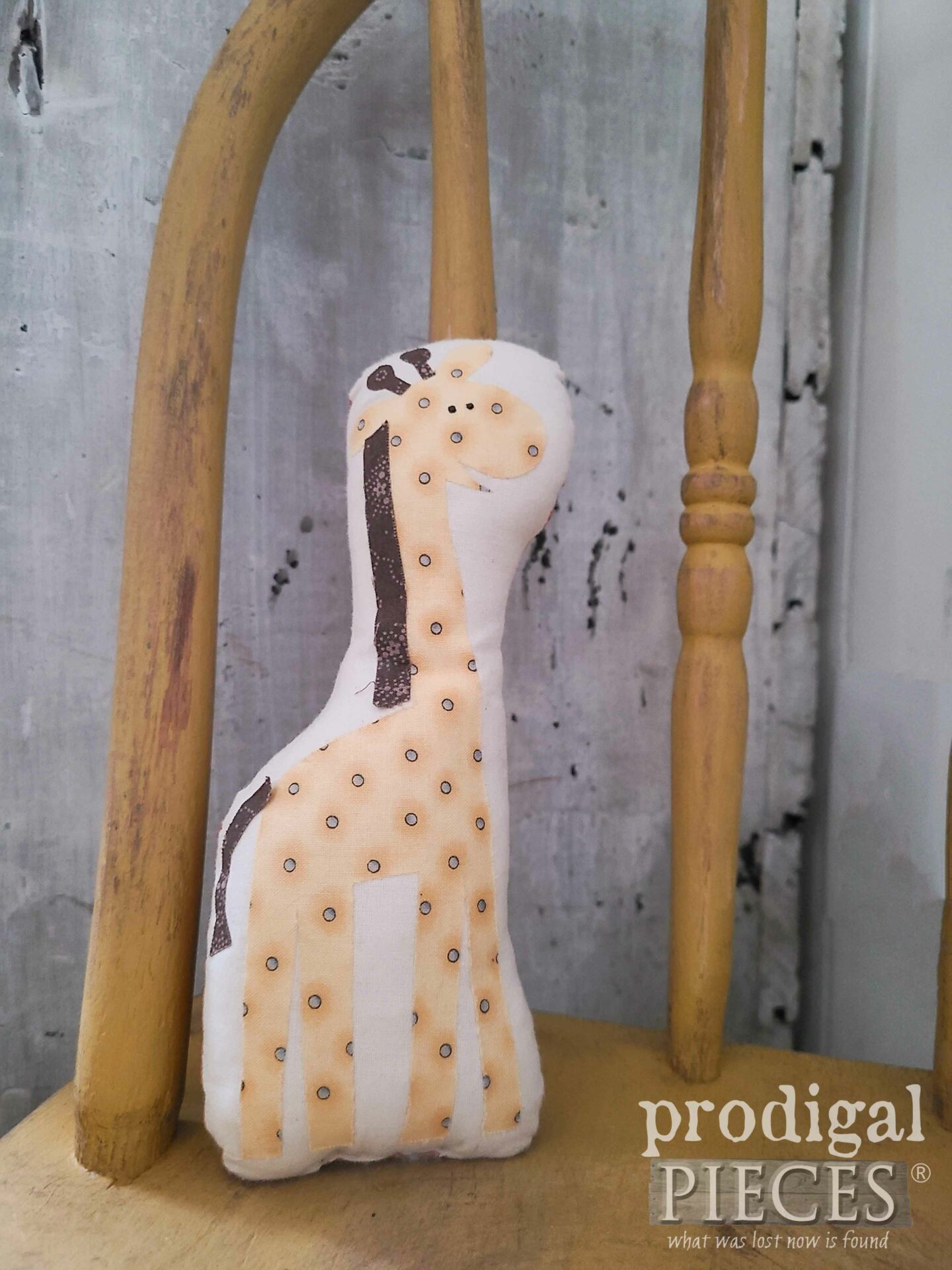 Handmade Giraffe Toy Softie for Noah's Ark on Antique Child's Chair by Larissa of Prodigal Pieces | prodigalpieces.com #prodigalpieces