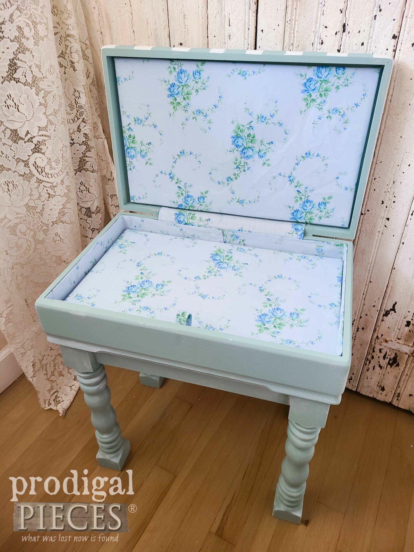 Fabric Lined Reclaimed Silverware Chest turned Storage Side Table by Larissa of Prodigal Pieces | prodigalpieces.com #prodigalpieces #trashure #furniture #reclaimed
