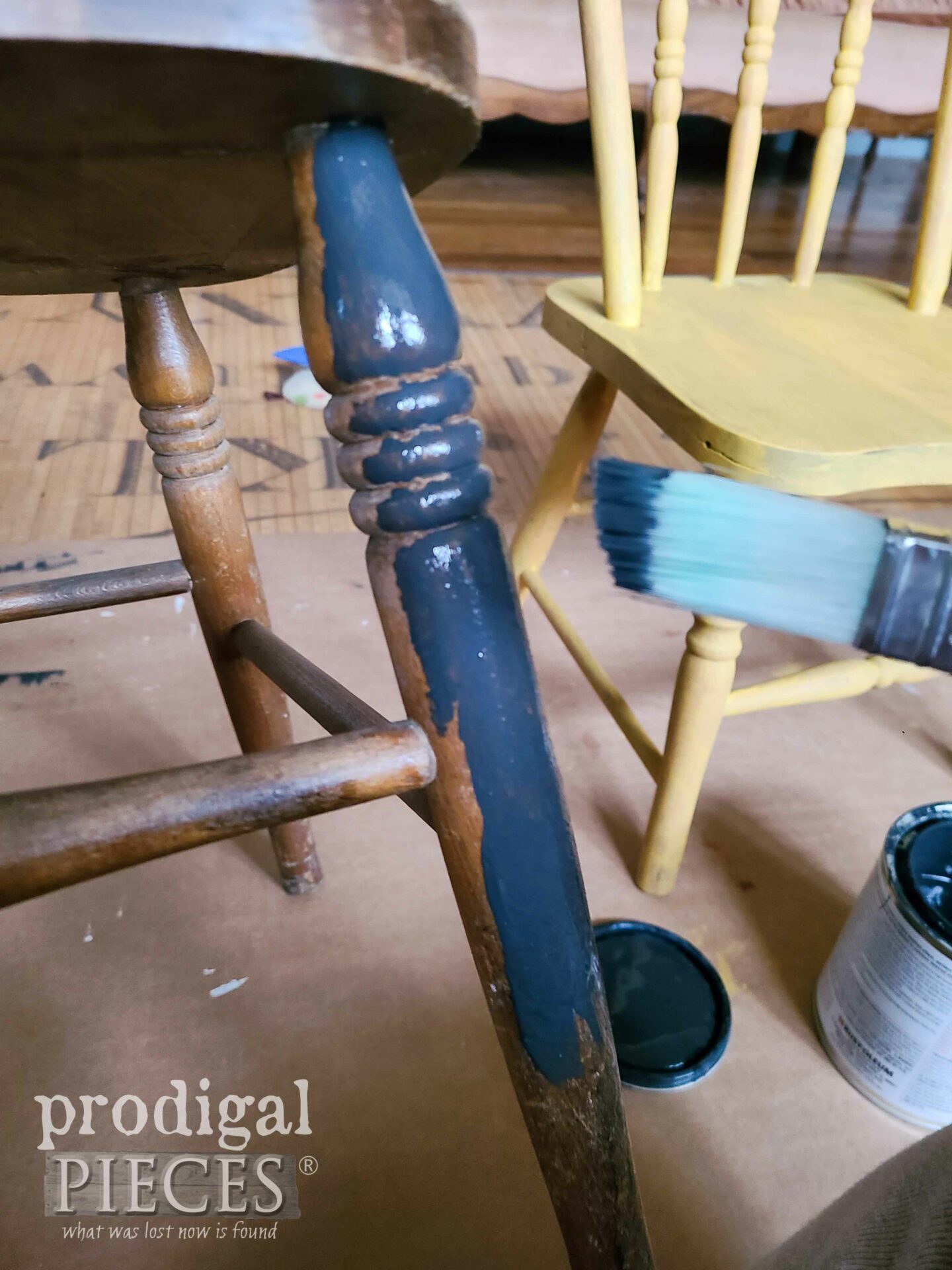 Painting Black Milk Paint on Antique Child's Chairs Legs | prodigalpieces.com #prodigalpieces