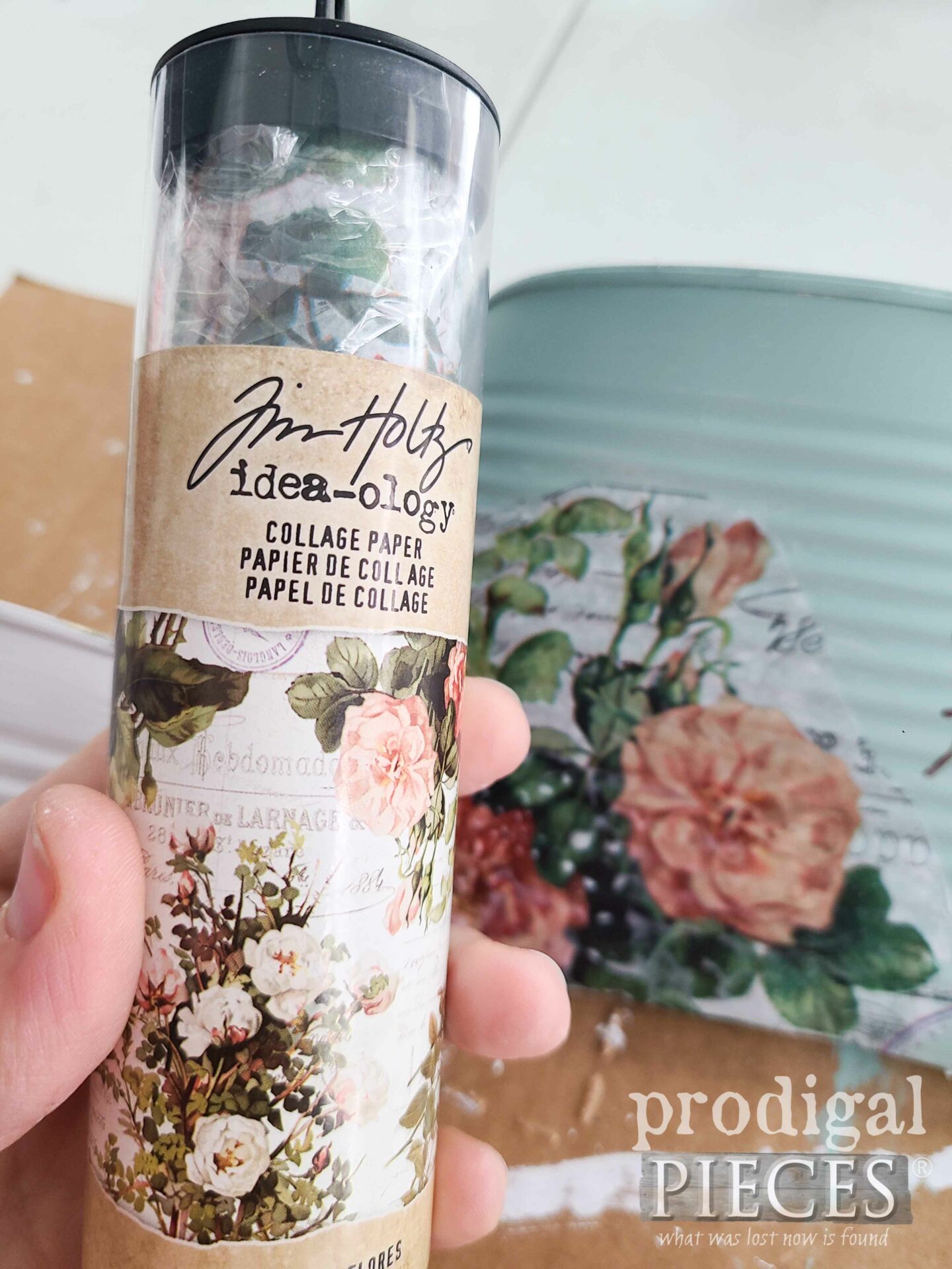 DIY Rose Collage Paper for Upcycled Tin Can Pocket | prodigalpieces.com #prodigalpieces #decoupage
