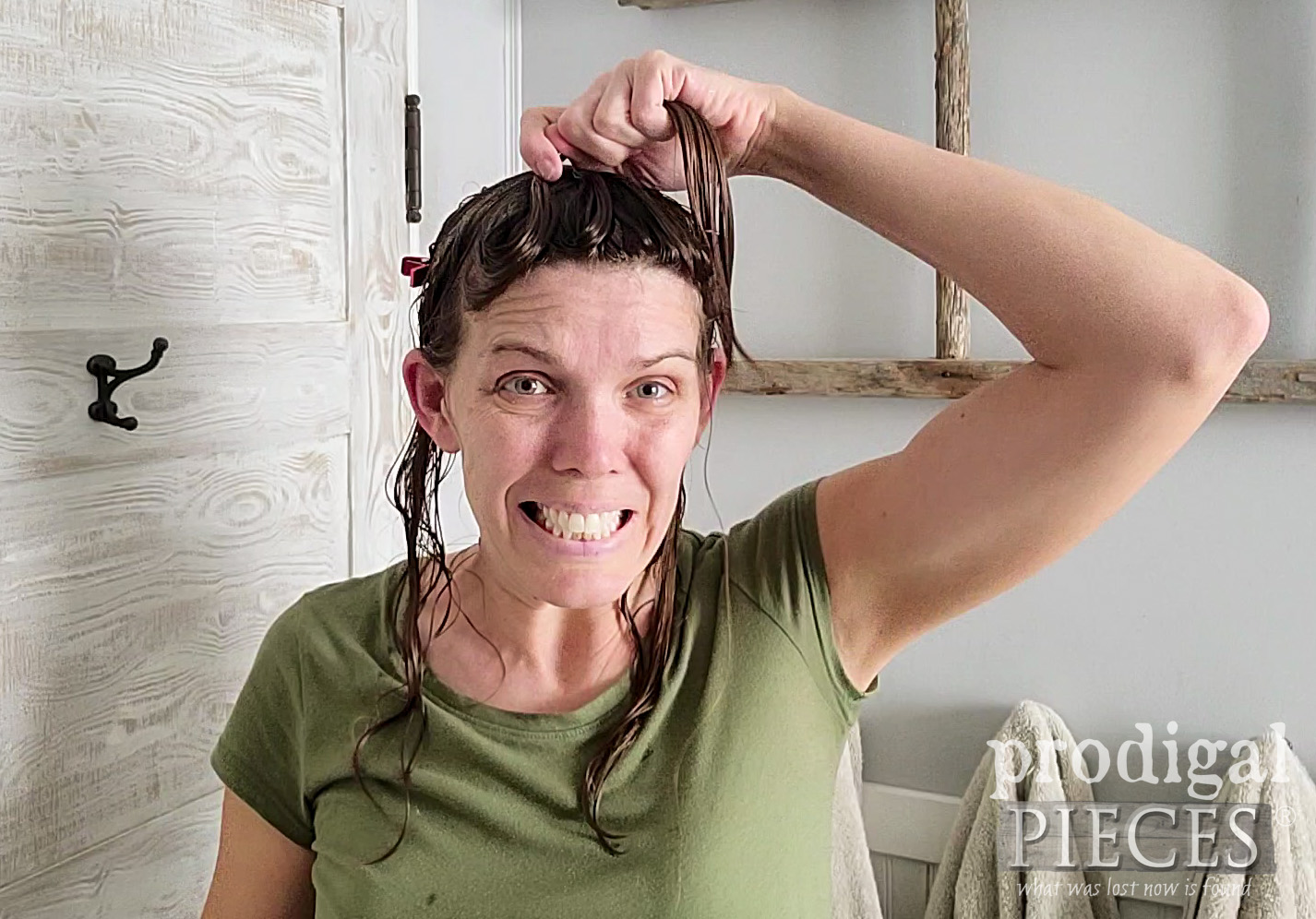 Scary First Cut of DIY Layered Wavy Haircut with Curtain Bangs by Larissa of Prodigal Pieces | prodigalpieces.com #prodigalpieces