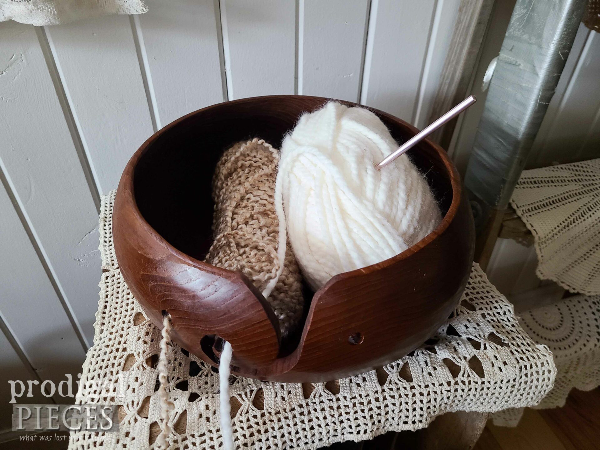 Yarn in Yarn Bowl Made from Upcycled Salad Bowls by Larissa of Prodigal Pieces | prodigalpieces.com #prodigalpieces #crafts #crochet #knit