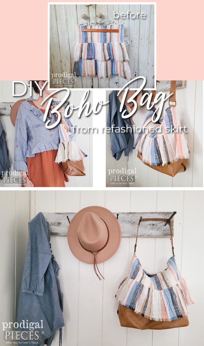 Create your own DIY Boho Bag from a refashioned skirt with steps by Larissa of Prodigal Pieces | prodigalpieces.com #prodigalpieces #boho #style #fashion