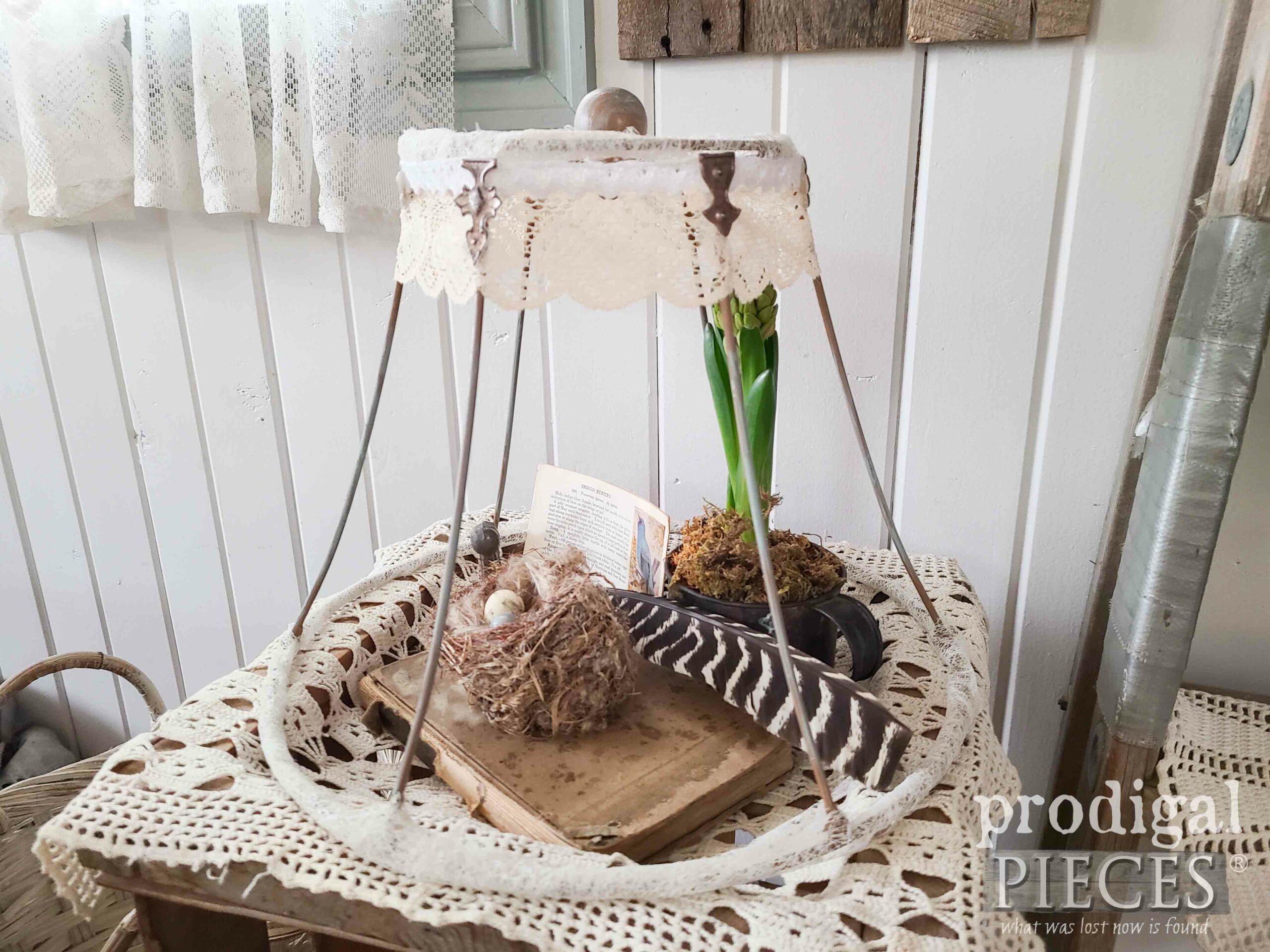 Farmhouse Style Cloche Made from Repurposed Lampshade by Larissa of Prodigal Pieces | prodigalpieces.com #prodigalpieces #repurposed #salvaged