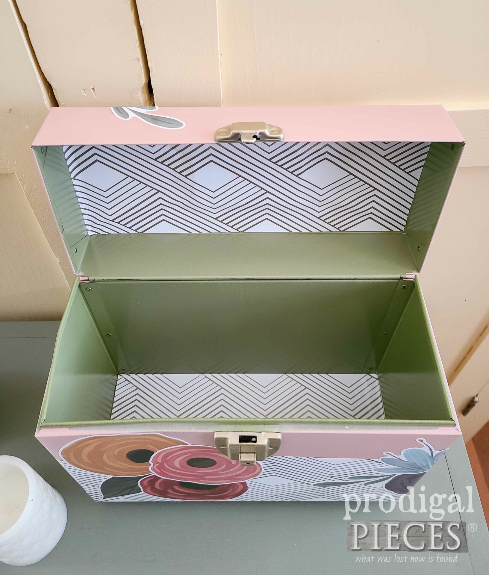 Inside Vintage Metal Filing Box Decorated by Larissa of Prodigal Pieces | prodigalpieces.com #prodigalpieces #boho #storage #vintage