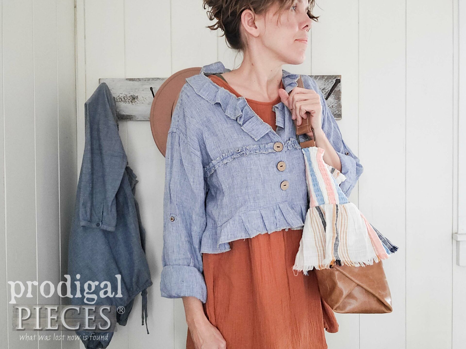 Larissa of Prodigal Pieces with her Refashioned Jacket and Purse | prodigalpieces.com #prodigalpieces #refashioned #fashion #style