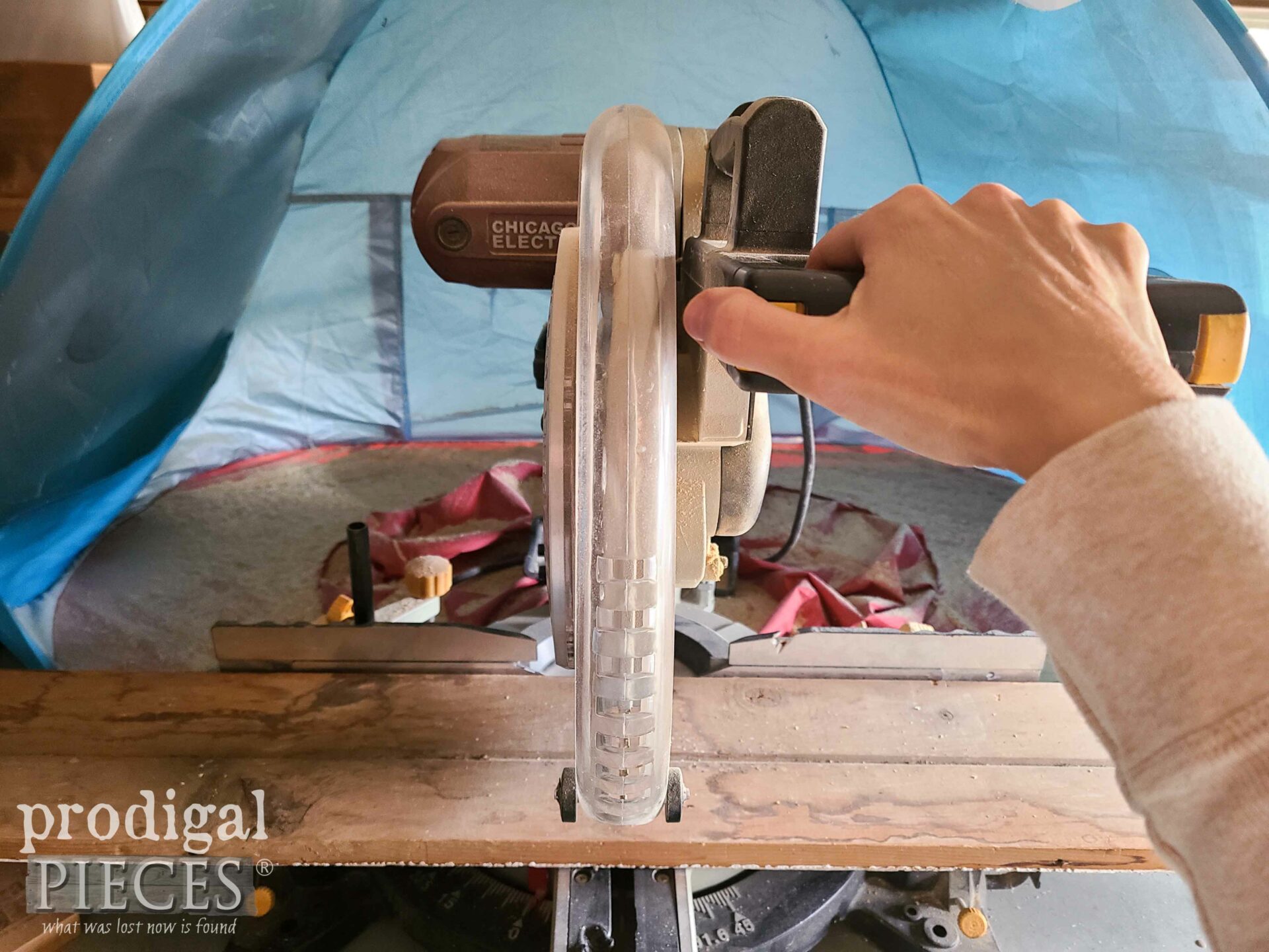 Using Miter Saw to Cut Reclaimed Wall Pocket Back | prodigalpieces.com #prodigalpieces 