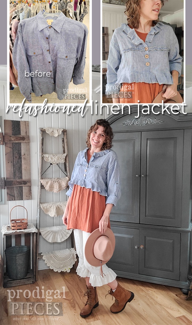 Amazing! Larissa of Prodigal Pieces takes a thrift store shirt to make a refashioned linen jacket. Oh, and check out the linen bloomers! DIY at prodigalpieces.com #prodigalpieces #refashion #handmade #diy #style #fashion