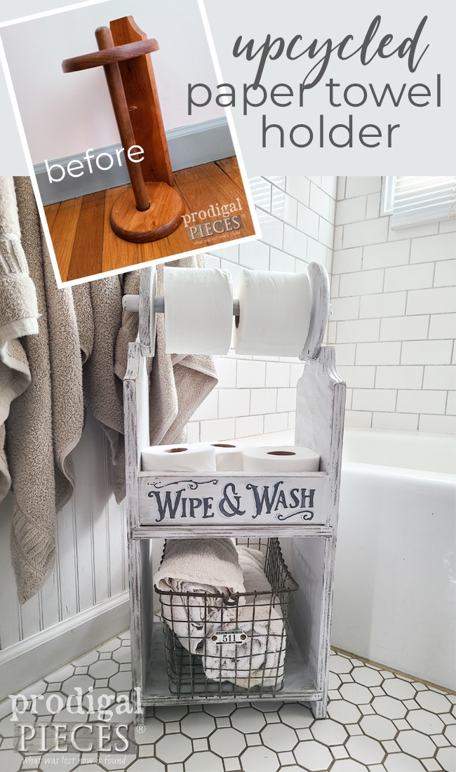 An upcycled paper towel holder is taken to new heights when Larissa of Prodigal Pieces turns it into a Toilet Paper Stand | Details at prodigalpieces.com #prodigalpieces #diy #toiletpaper #farmhouse #bathroom