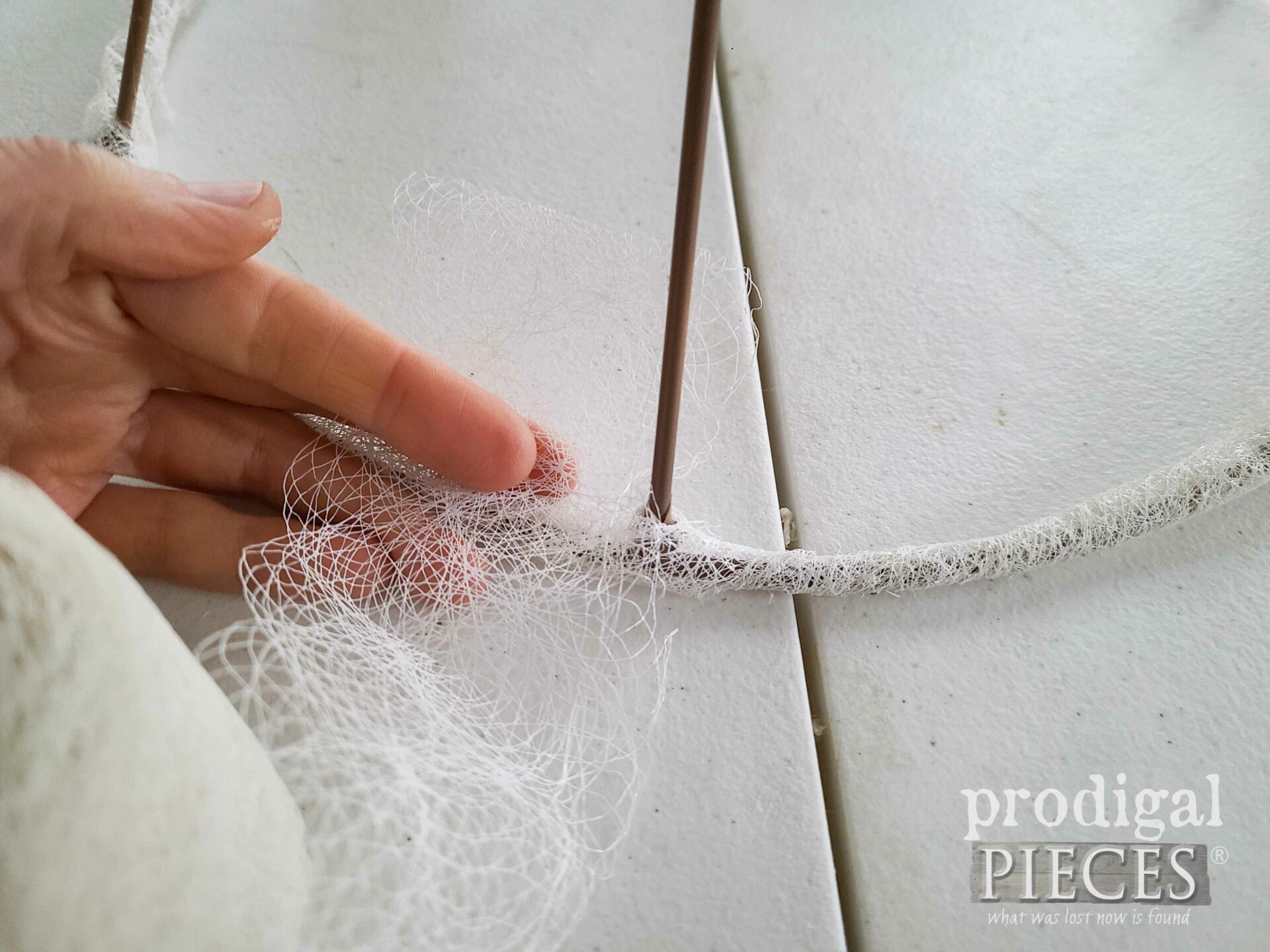 Wrapping Upcycled Lampshade Frame Cloche with Interfacing | prodigalpieces.com #prodigalpieces