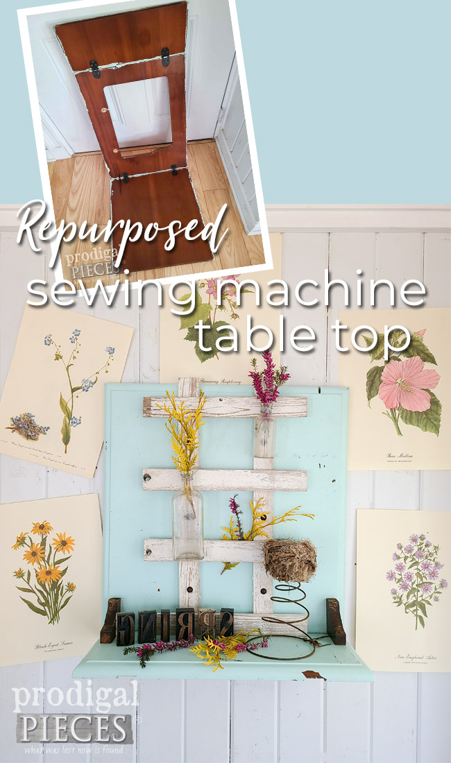 Repurposed Sewing Machine Table Top Turned Wall Decor Piece for Spring by Larissa of Prodigal Pieces | prodigalpieces.com #prodigalpieces #spring #reclaimed #repurposed #upcycled