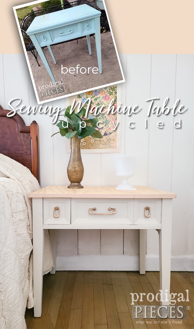 A vintage sewing machine table makes for a great upcycle into a nightstand side table by Larissa of Prodigal Pieces | prodigalpieces.com #prodigalpieces #diy #upcycled #furniture