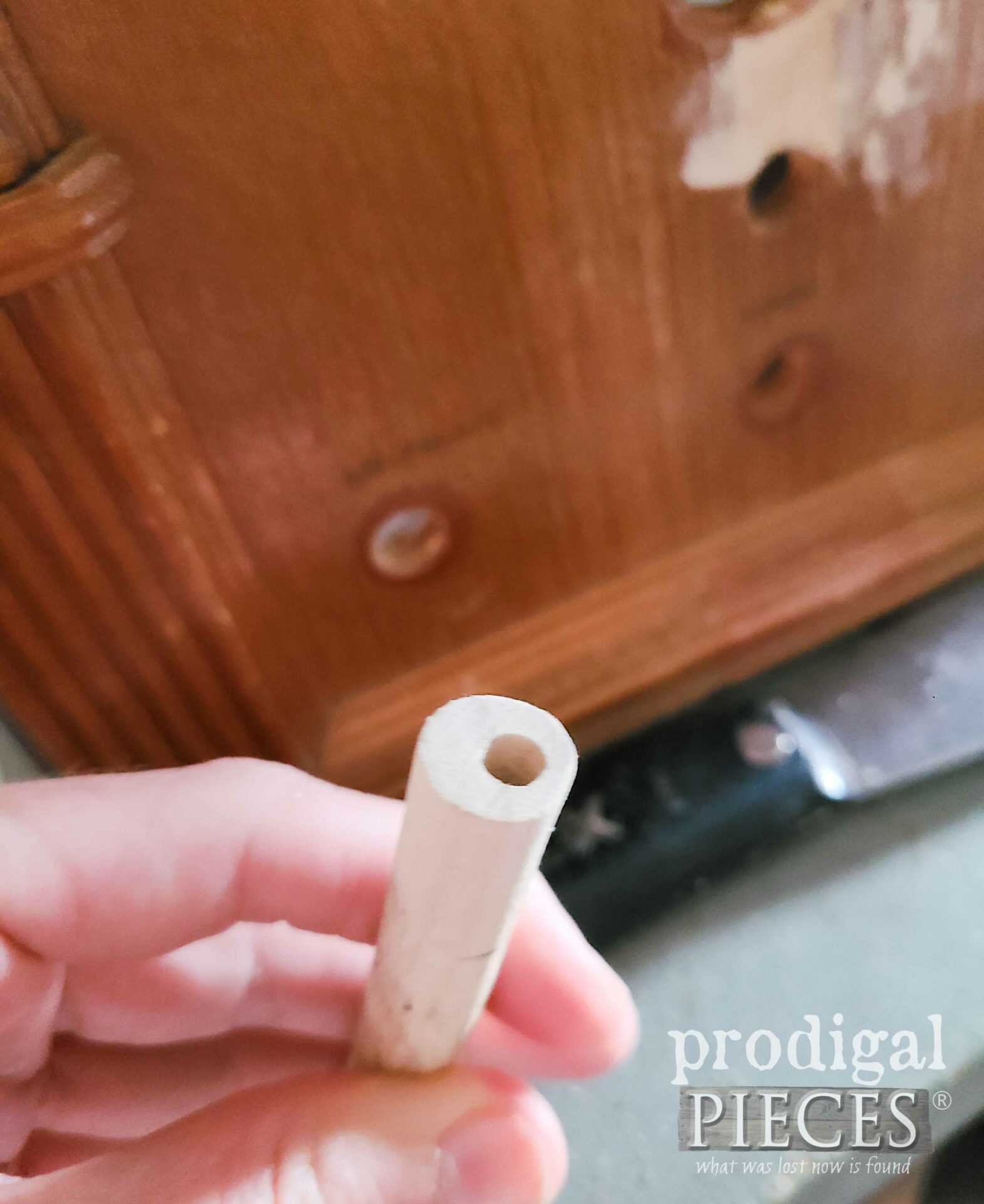 Cutting Foam Brush Dowel for Upcycled Antique Radio Buttons | prodigalpieces.com #prodigalpieces 