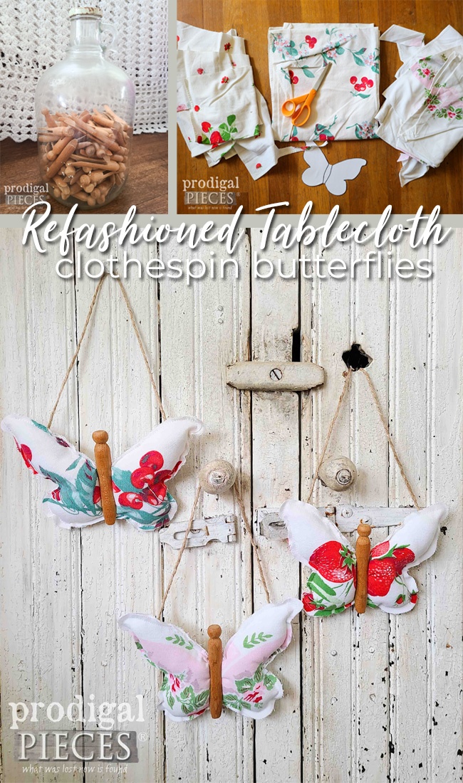 Larissa of Prodigal Pieces takes vintage collectibles to create refashioned tablecloth clothespin butterflies | Tutorial at prodigalpieces.com #prodigalpieces #vintage #handmade #refashion #upcycled