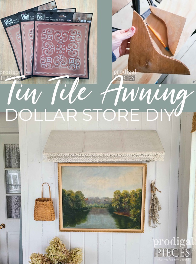 With scrap wood and dollar store finds, Larissa of Prodigal Pieces creates a tin tile awning tutorial for you | prodigalpieces.com #prodigalpieces #diy #tutorial #homedecor
