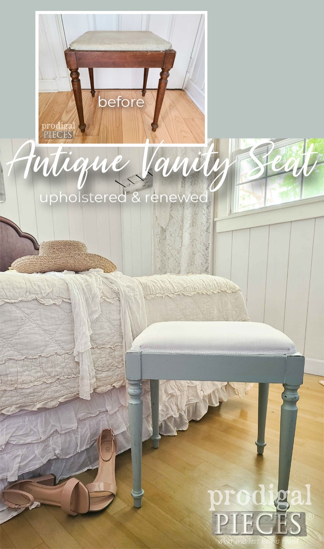 An antique vanity seat is made new with paint and upholstery by Larissa of Prodigal Pieces | prodigalpieces.com #prodigalpieces #farmhouse #furniture #diy