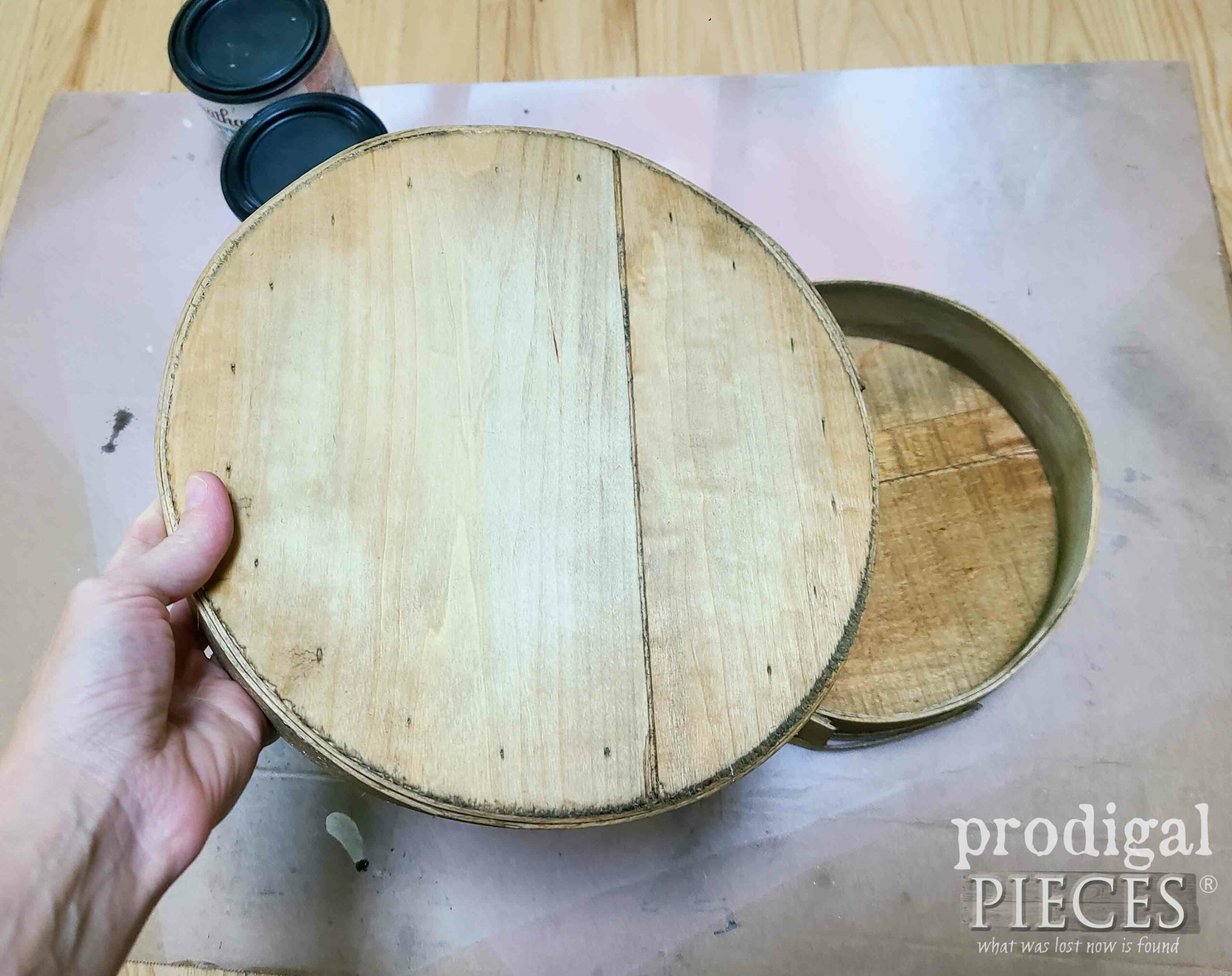 Damp Reactive Stain on Antique Cheese Box DIY | prodigalpieces.com #prodigalpieces