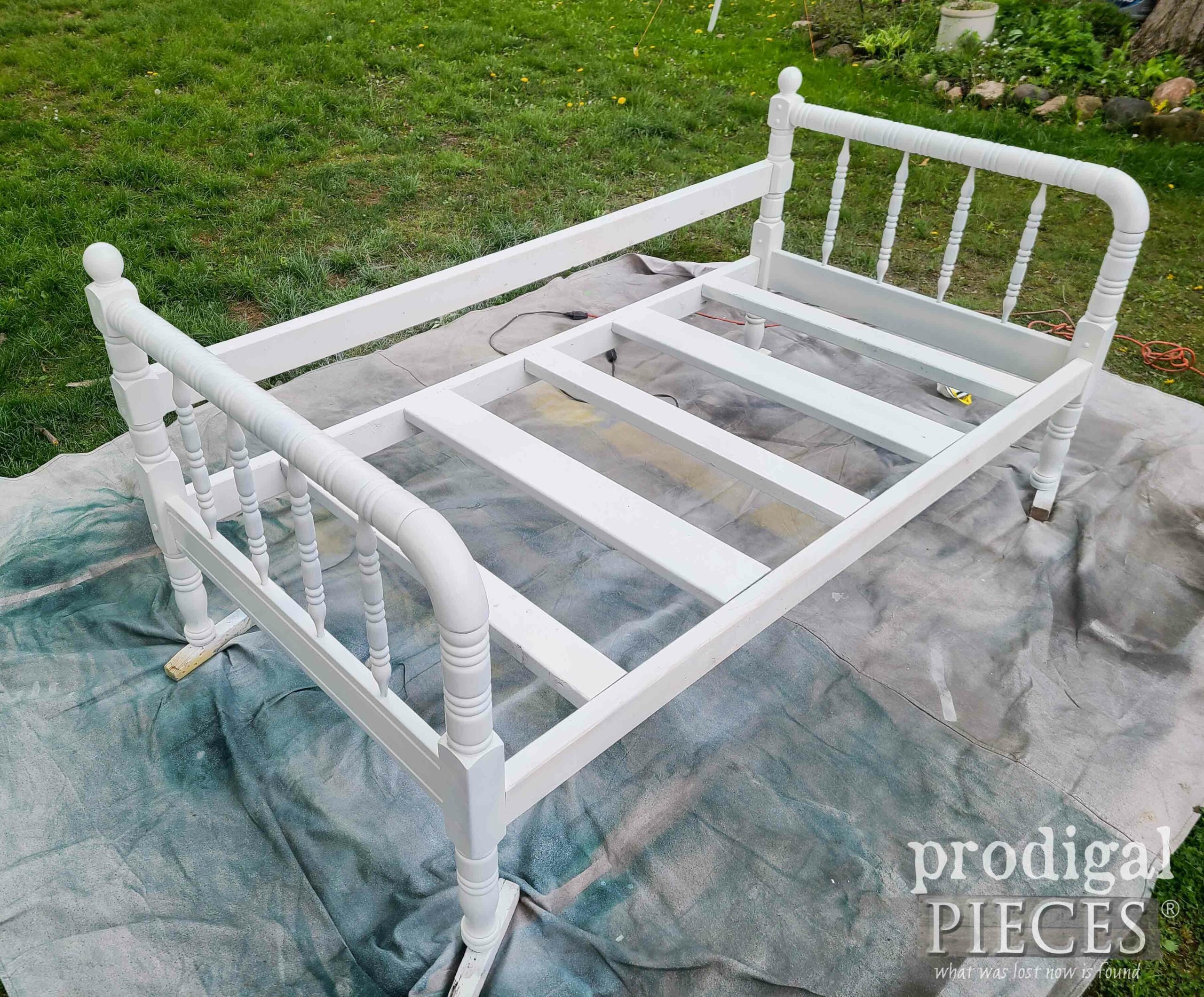 First Coat of Painted Daybed Made from Upcycled Bed Frame | prodigalpieces.com #prodigalpieces