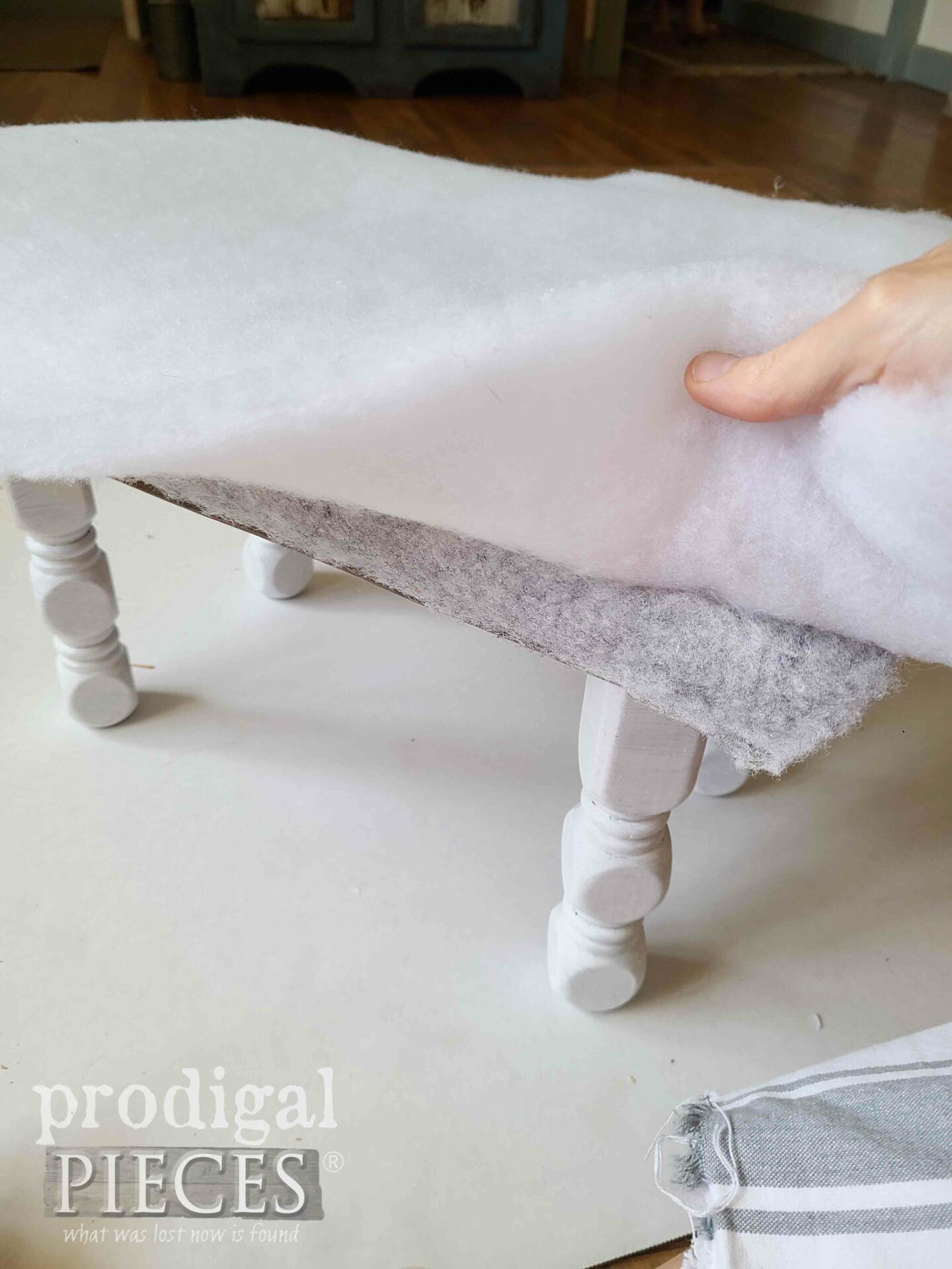 Layering Wooden Footstool with Batting | prodigalpieces.com #prodigalpieces