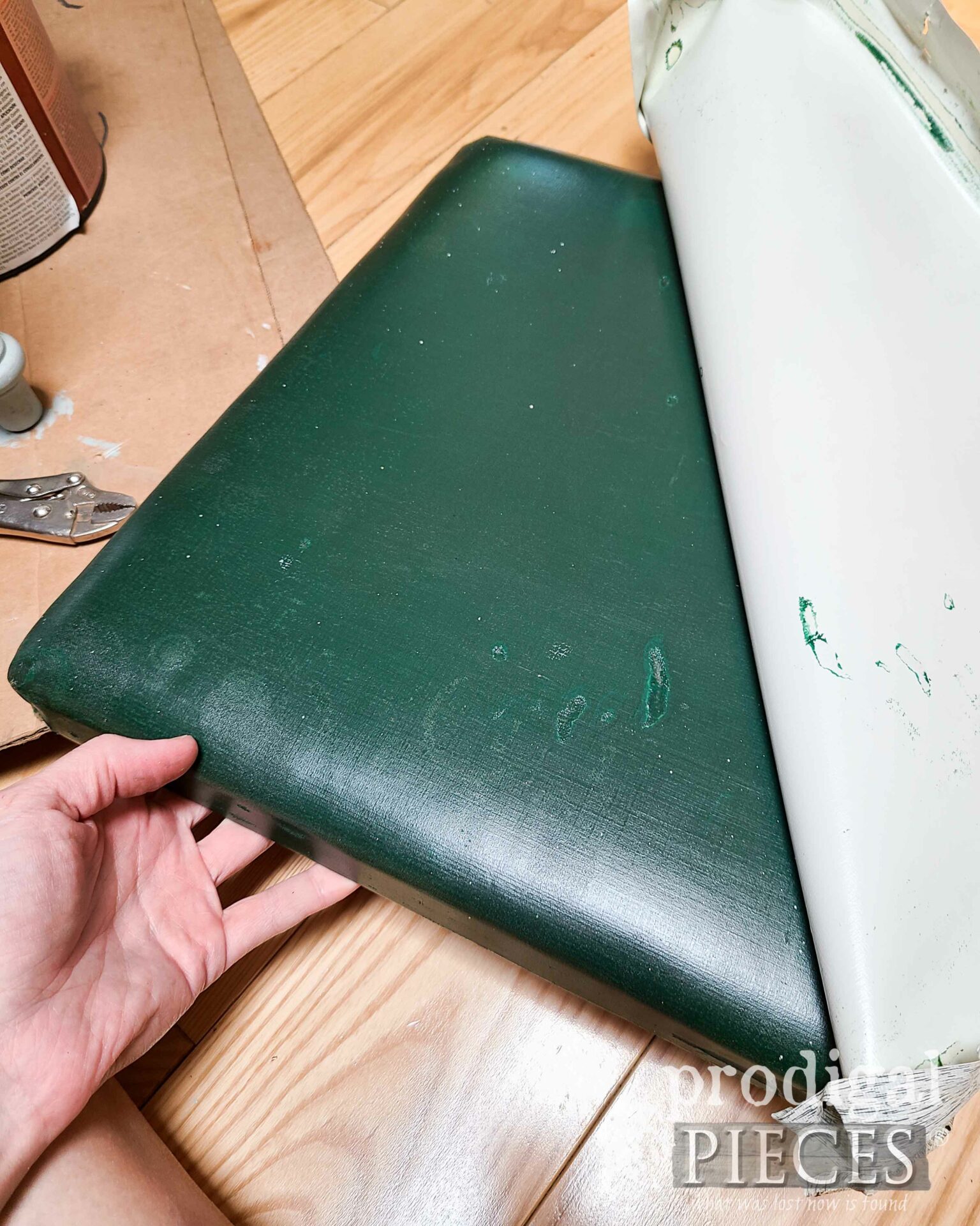 Original Green Vinyl Antique Vanity Seat Upholstery | prodigalpieces.com #prodigalpieces