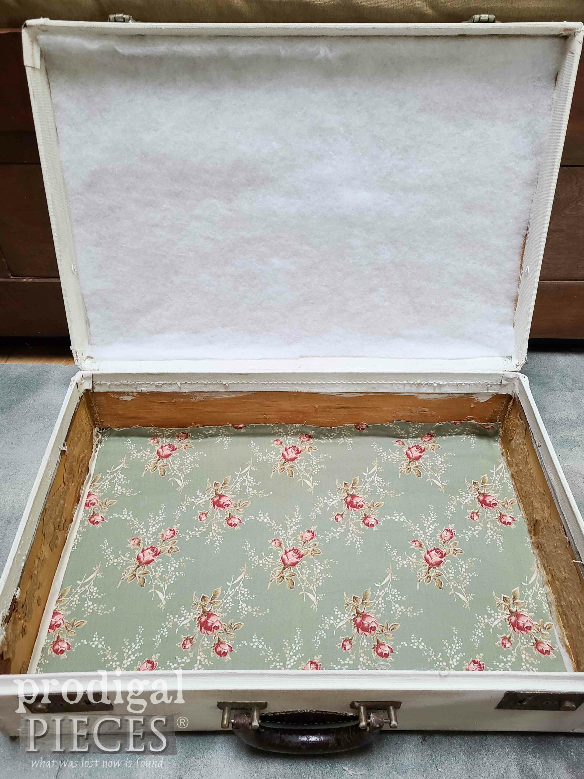 Rose Fabric Lining in Vintage Luggage Painted | prodigalpieces.com #prodigalpieces