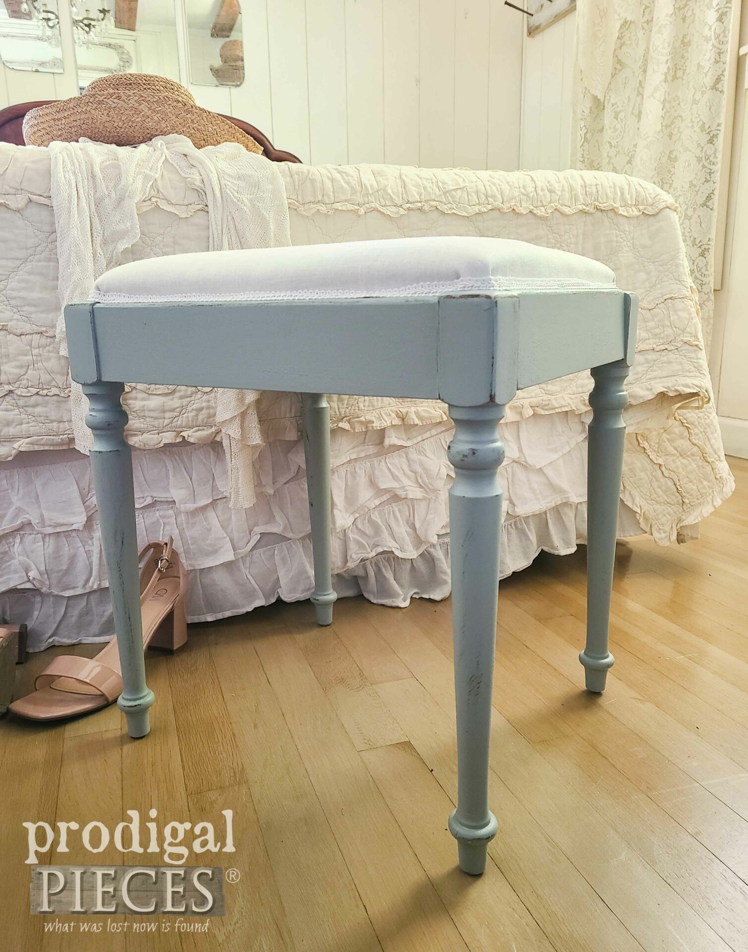 Slate Green Antique Vanity Seat by Larissa of Prodigal Pieces | prodigalpieces.com #prodigalpieces #diy #makeover