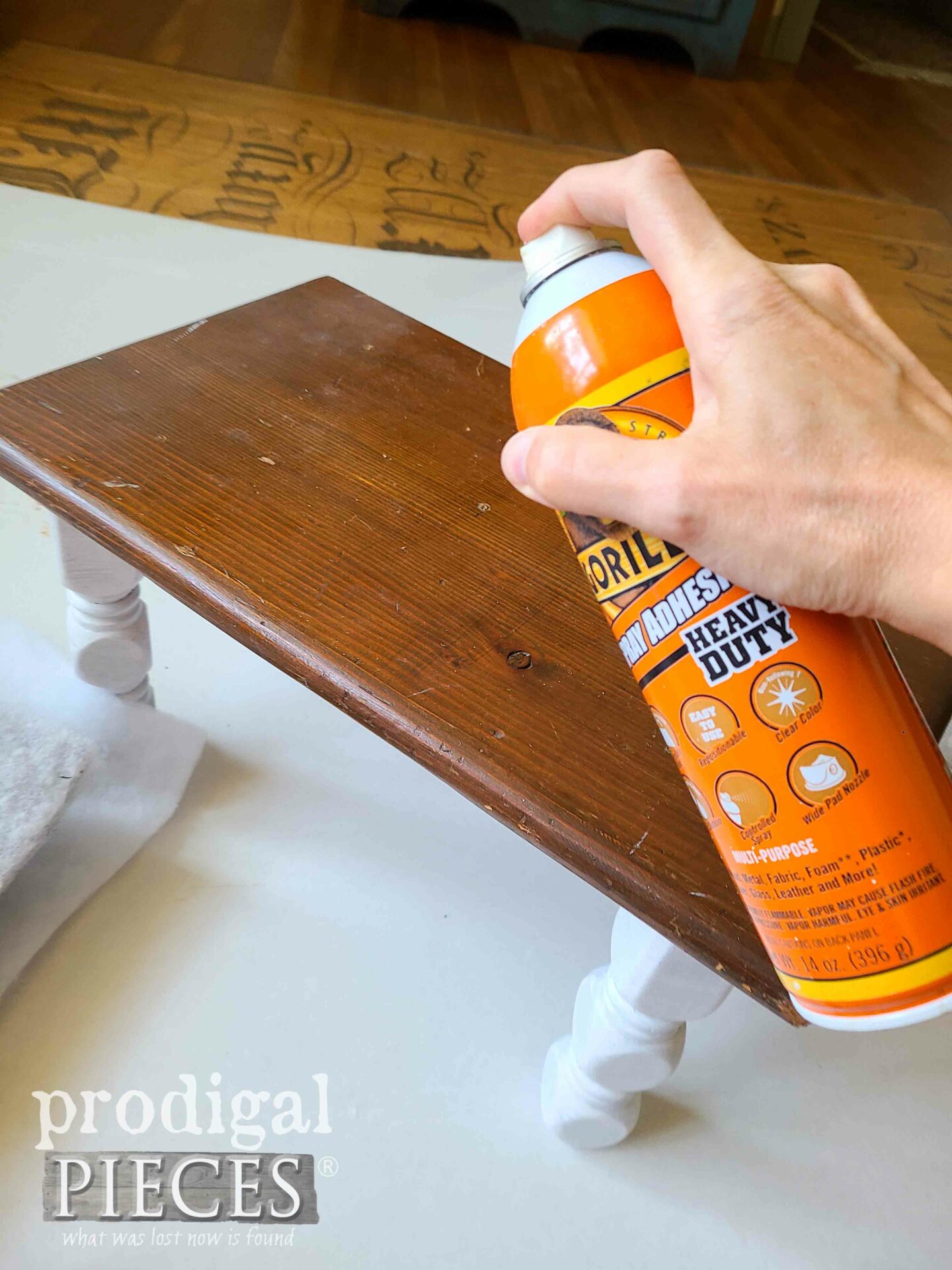 Spray Adhesive for Foam on Wooden Footstool | prodigalpieces.com #prodigalpieces