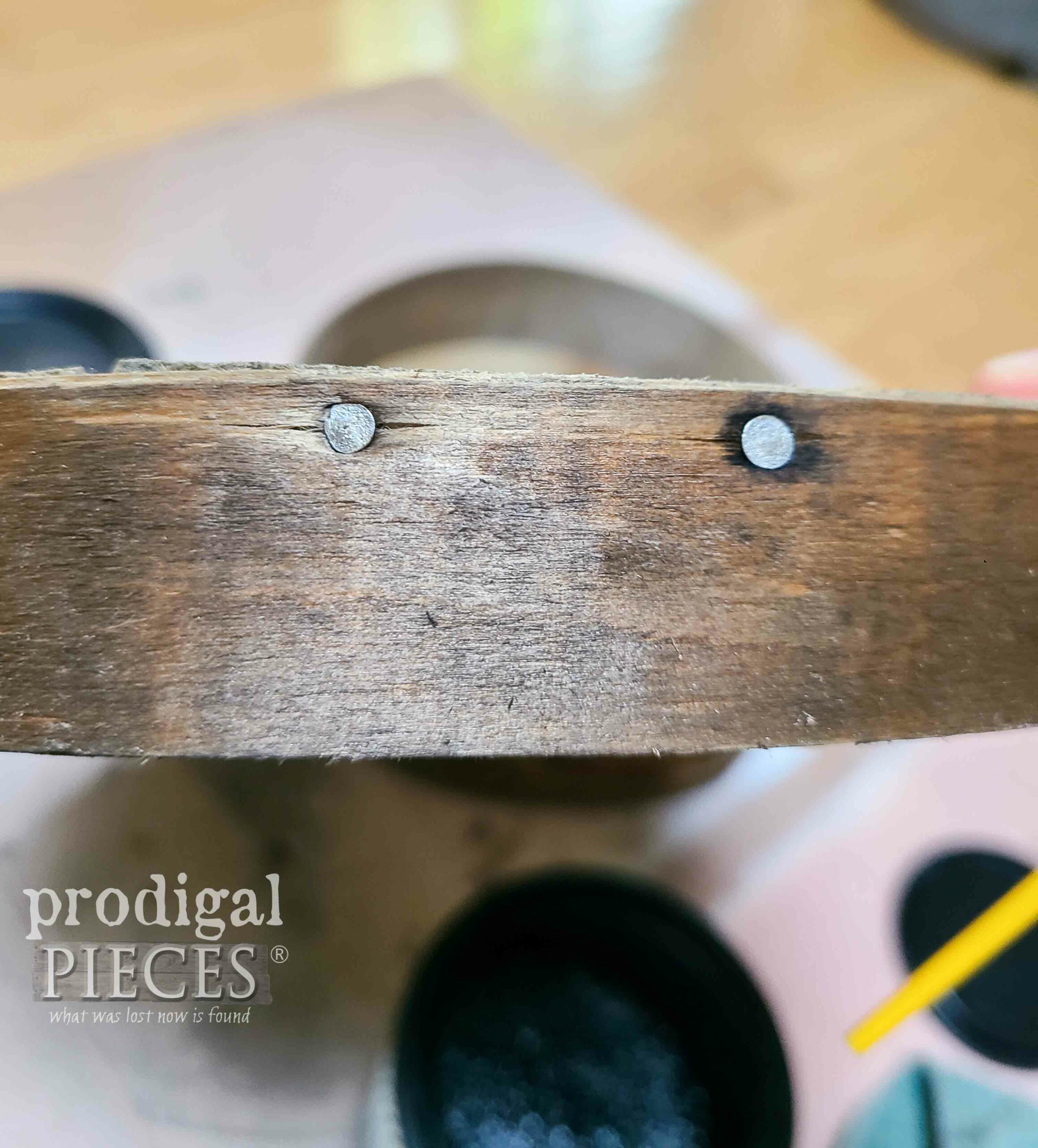 Staining Nail Head of DIY Antique Cheese Box | prodigalpieces.com #prodigalpieces