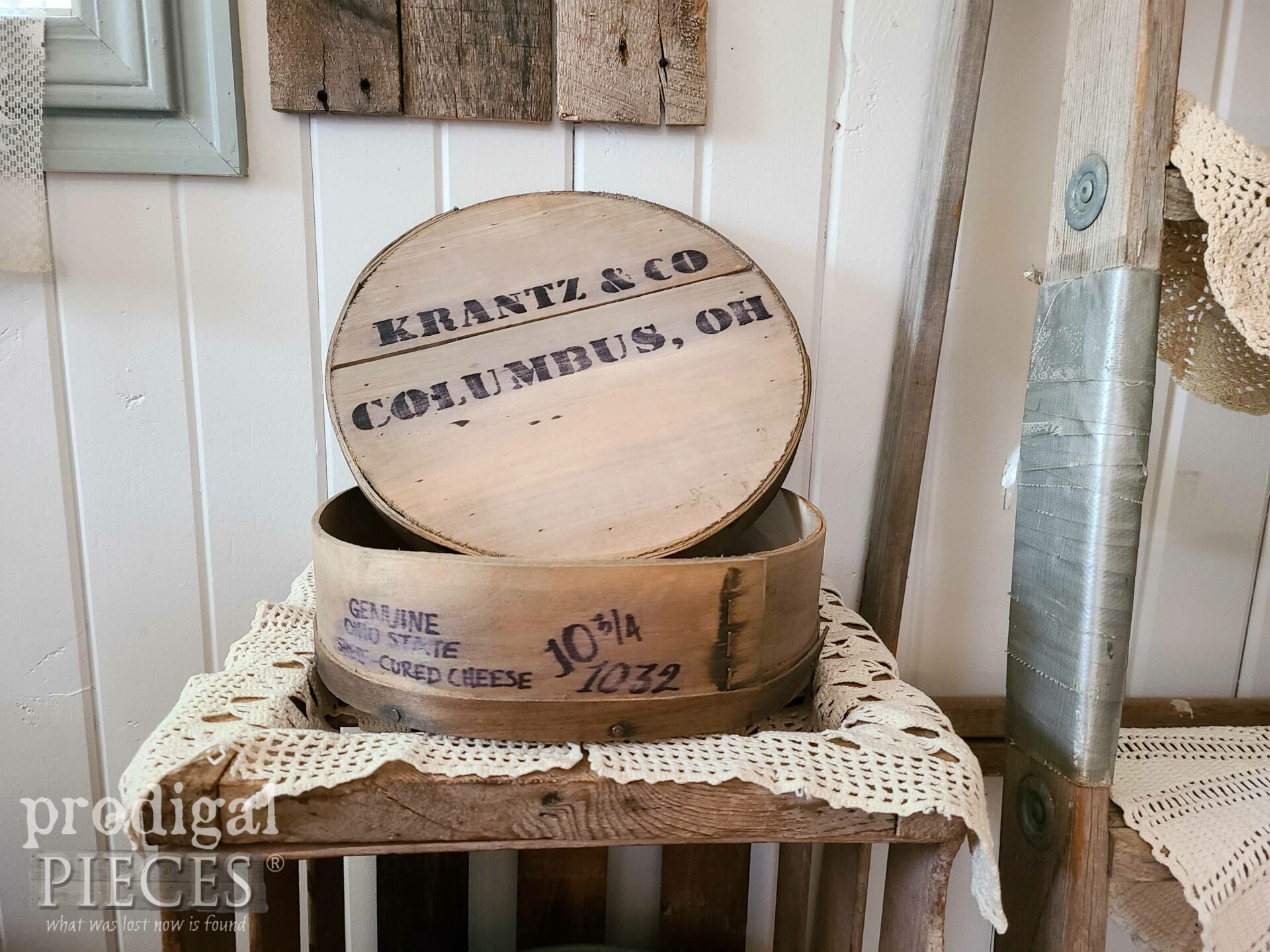 Stained and Stenciled DIY Antique Cheese Box by Larissa of Prodigal Pieces | prodigalpieces.com #prodigalpieces #cheese #diy #farmhouse