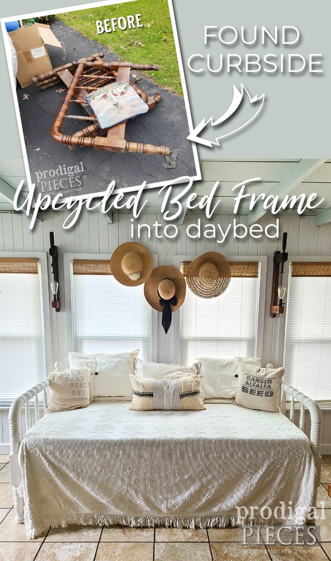From curbside to farmhouse style daybed, this upcycled bed frame project is one to see by Larissa of Prodigal Pieces | prodigalpieces.com #prodigalpieces #diy #upcycled #farmhouse #furniture