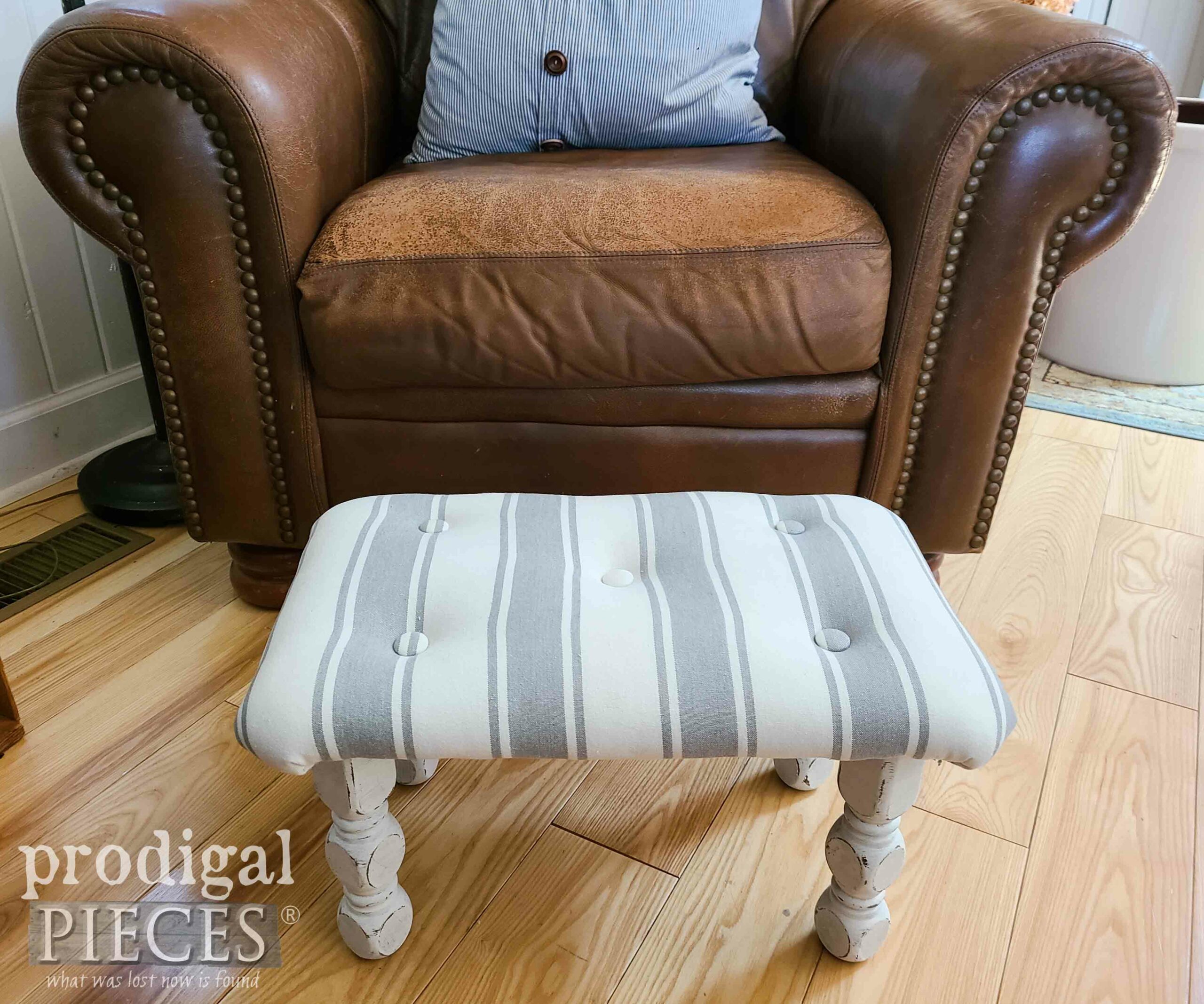 Gray Stripe Vintage Wooden Footstool | prodigalpieces.com #prodigalpieces #upholstery #diy