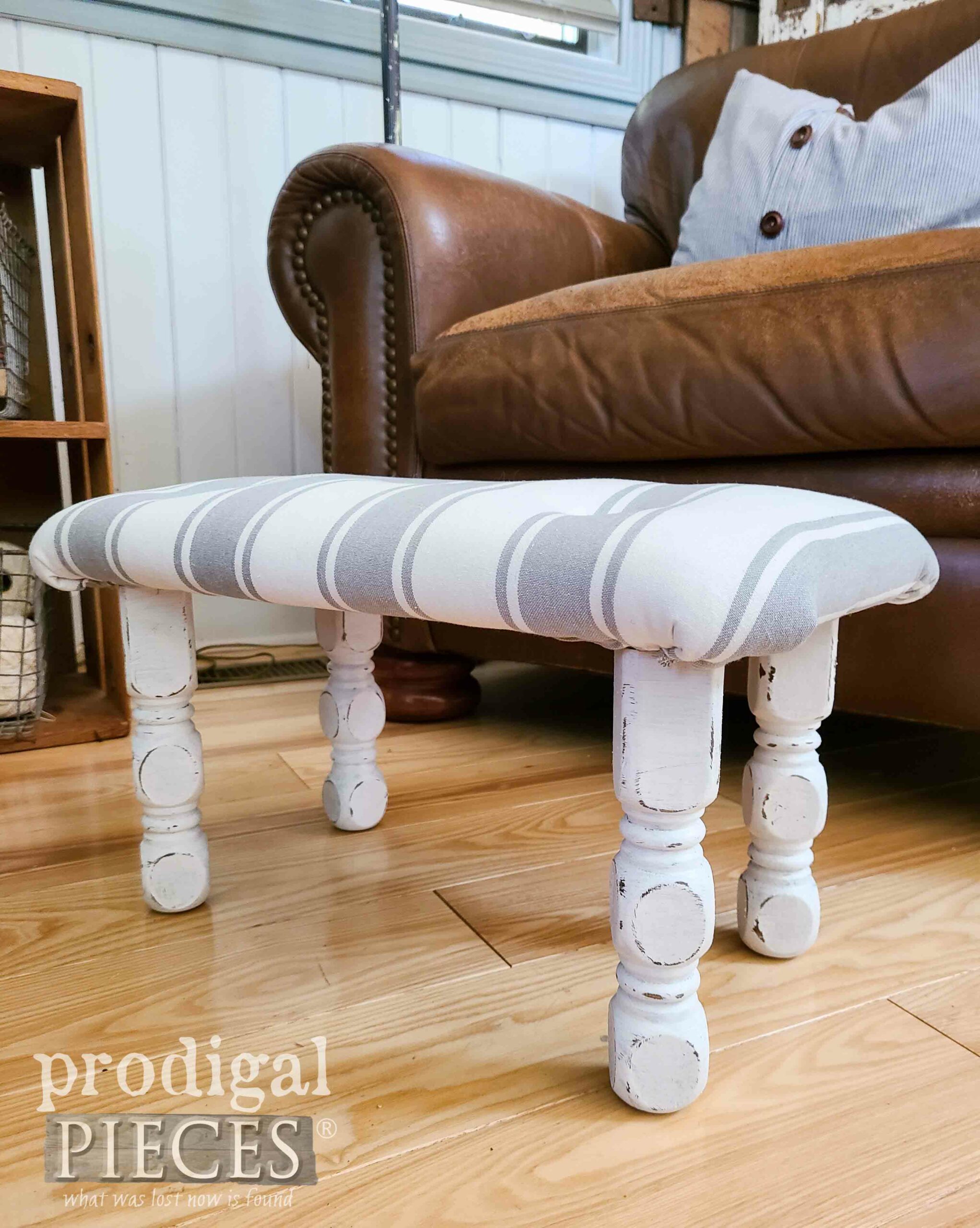 Side View of Wooden Footstool Makeover by Larissa of Prodigal Pieces | prodigalpieces.com #prodigalpieces #stripes #upholstery